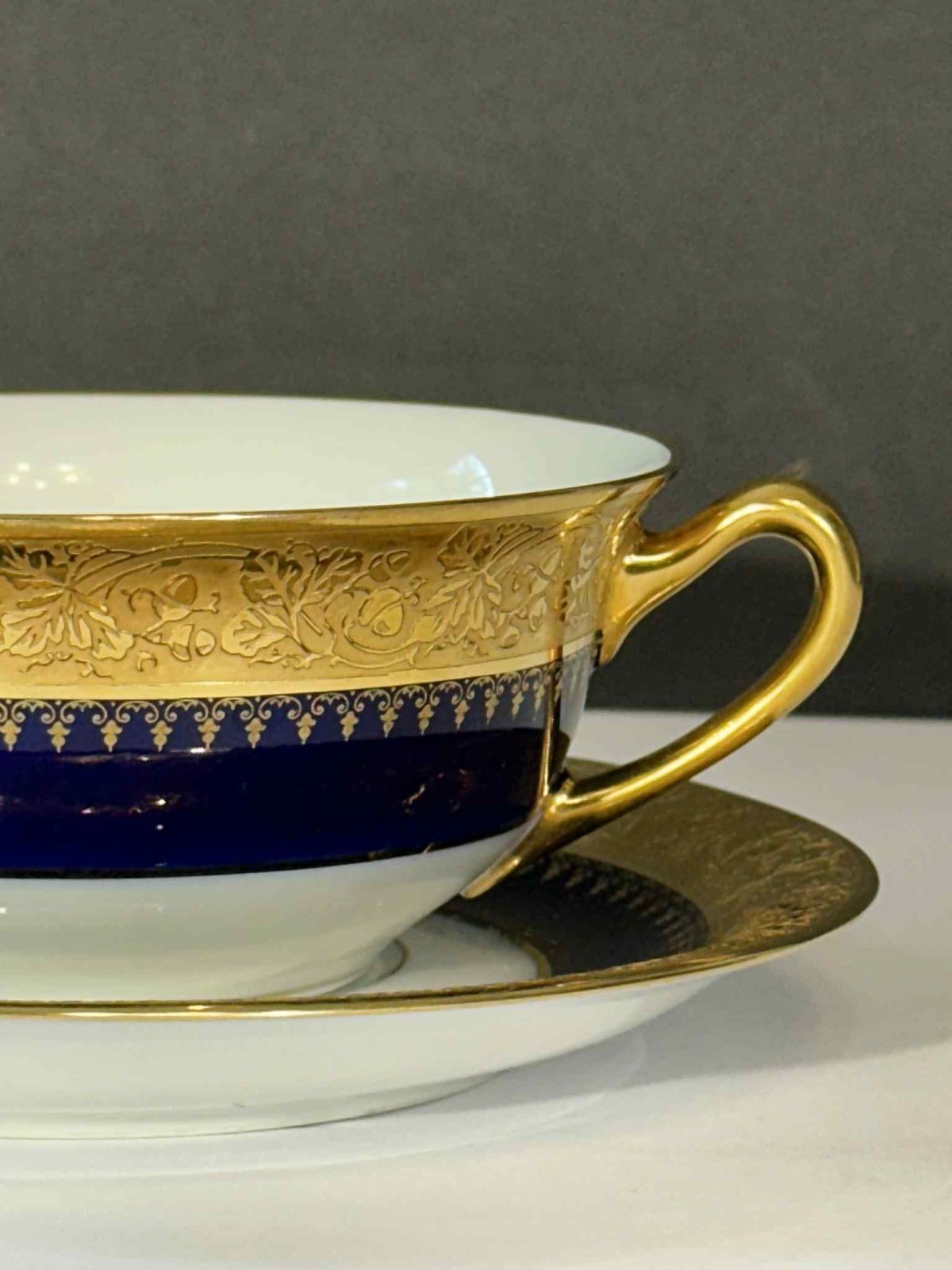 Antique P. Porschaud Limoges France Consommé Cup & Saucer Cobalt Blue Heavy Gilt