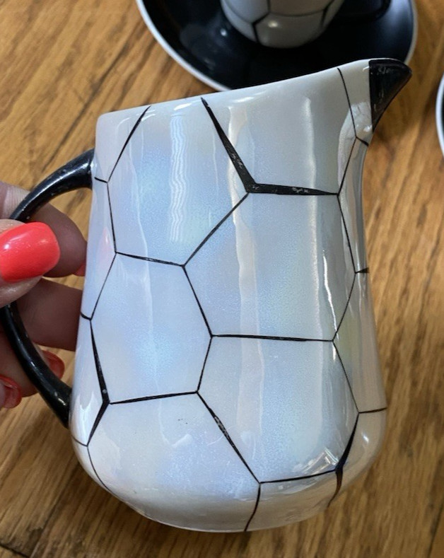 Chodziez Lustre Hexagonal Signed Demitasse Tea Cup Saucer Creamer Poland Vintage