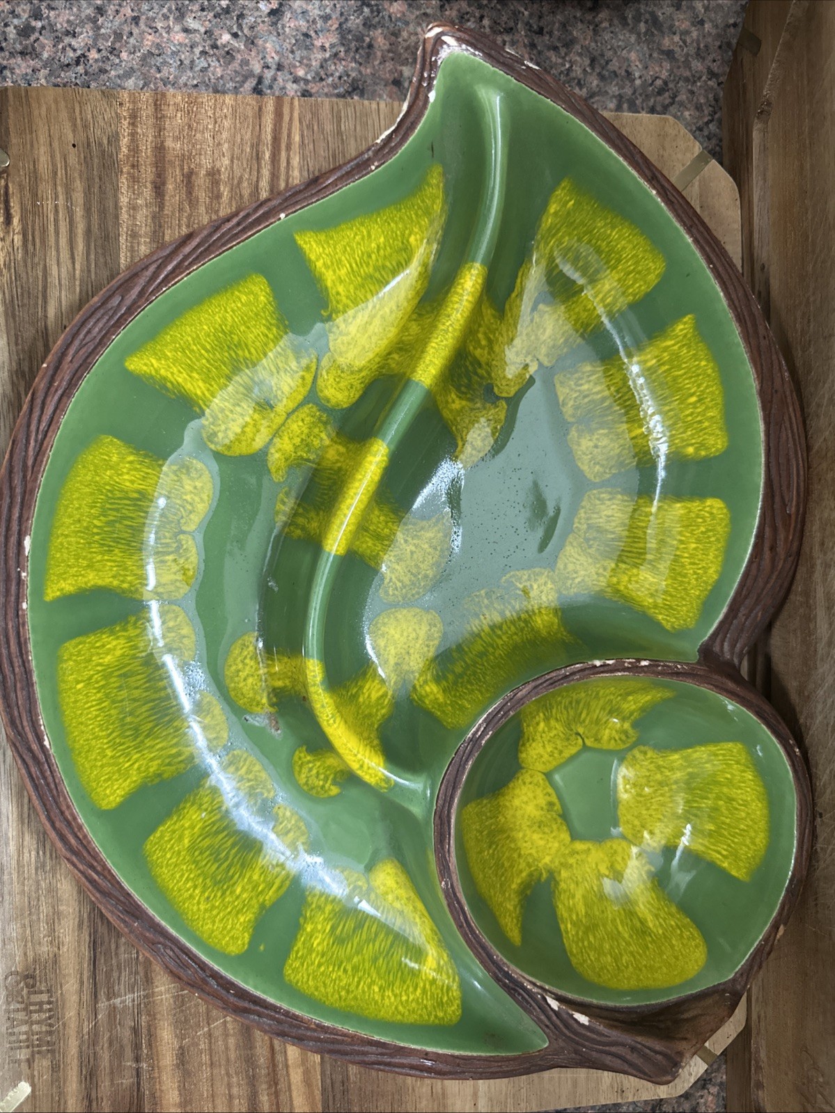 Vintage California Pottery #602 Sequoia Ware Yellow Green Drip Glaze Leaf Dish