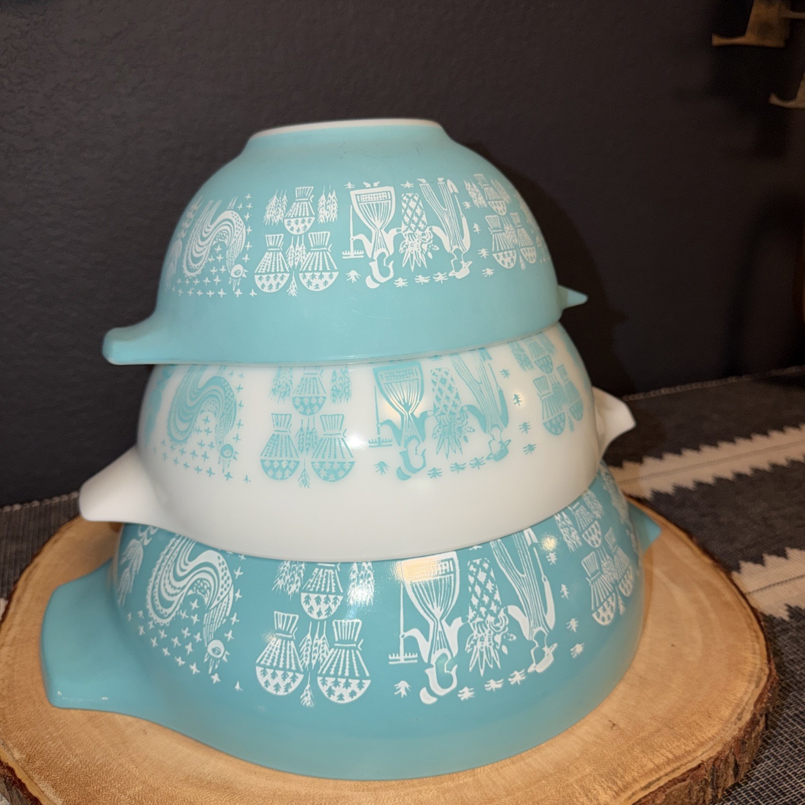 VTG Pyrex Amish Blue Butterprint Cinderella Dbl Spout Nesting Bowls Set of 3