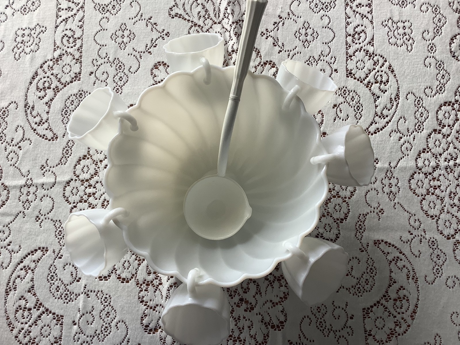 Vtg Hazel Atlas Milk Glass Alpine White Swirl Punch Bowl 12 Cups W Vtg Ladle