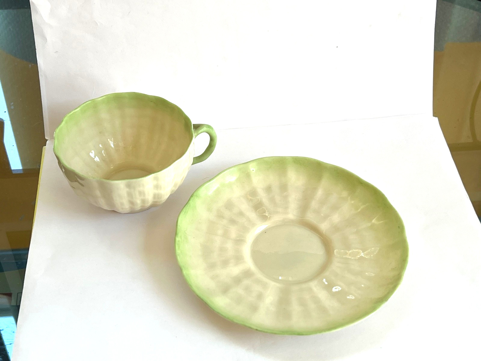 IRISH BELLEEK Green Tint TRIDACNA Cup & Saucer – 3rd Black Mark (1926-1946)