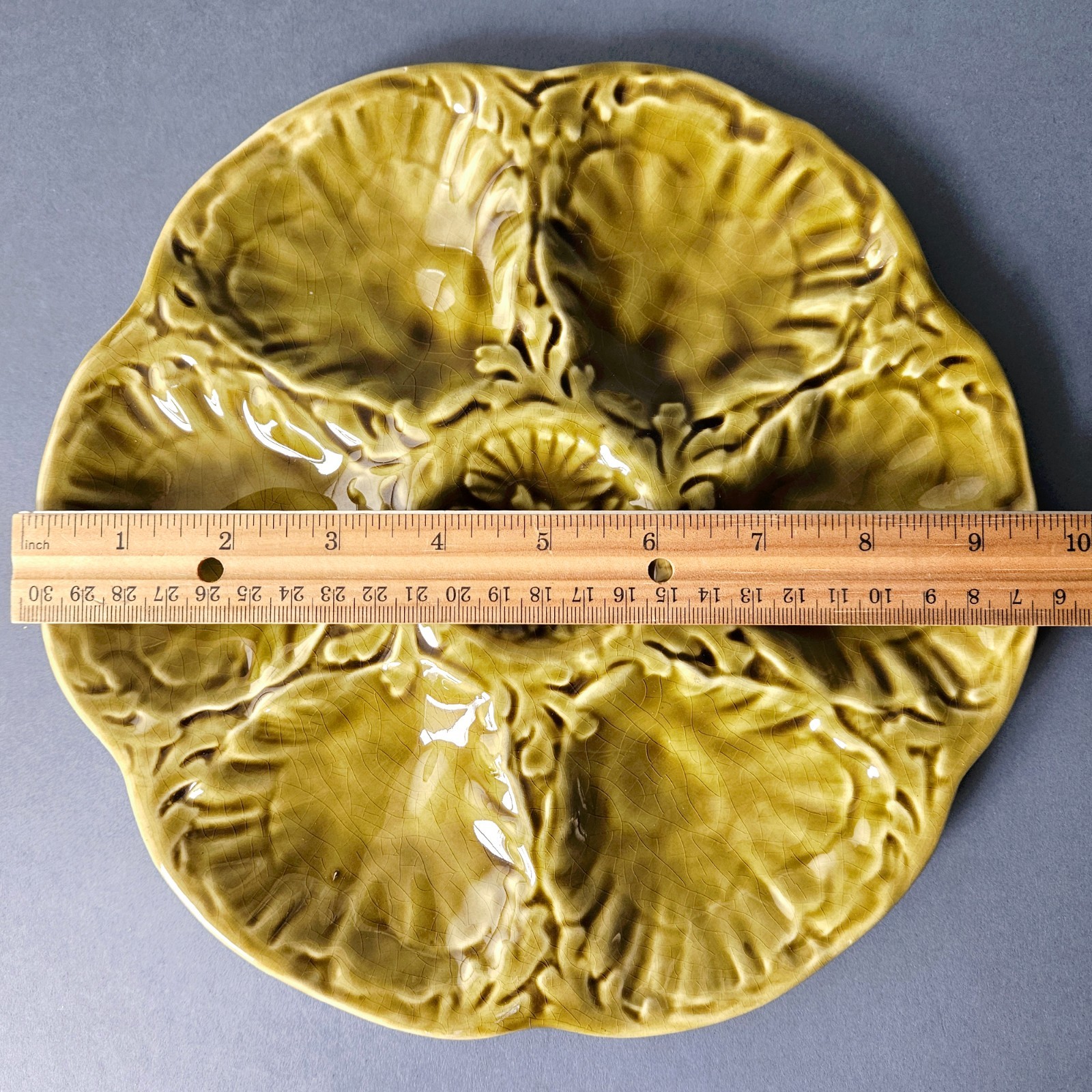 Vintage Yellowish Brown Olive Green French Majolica Oyster Plate by Gien