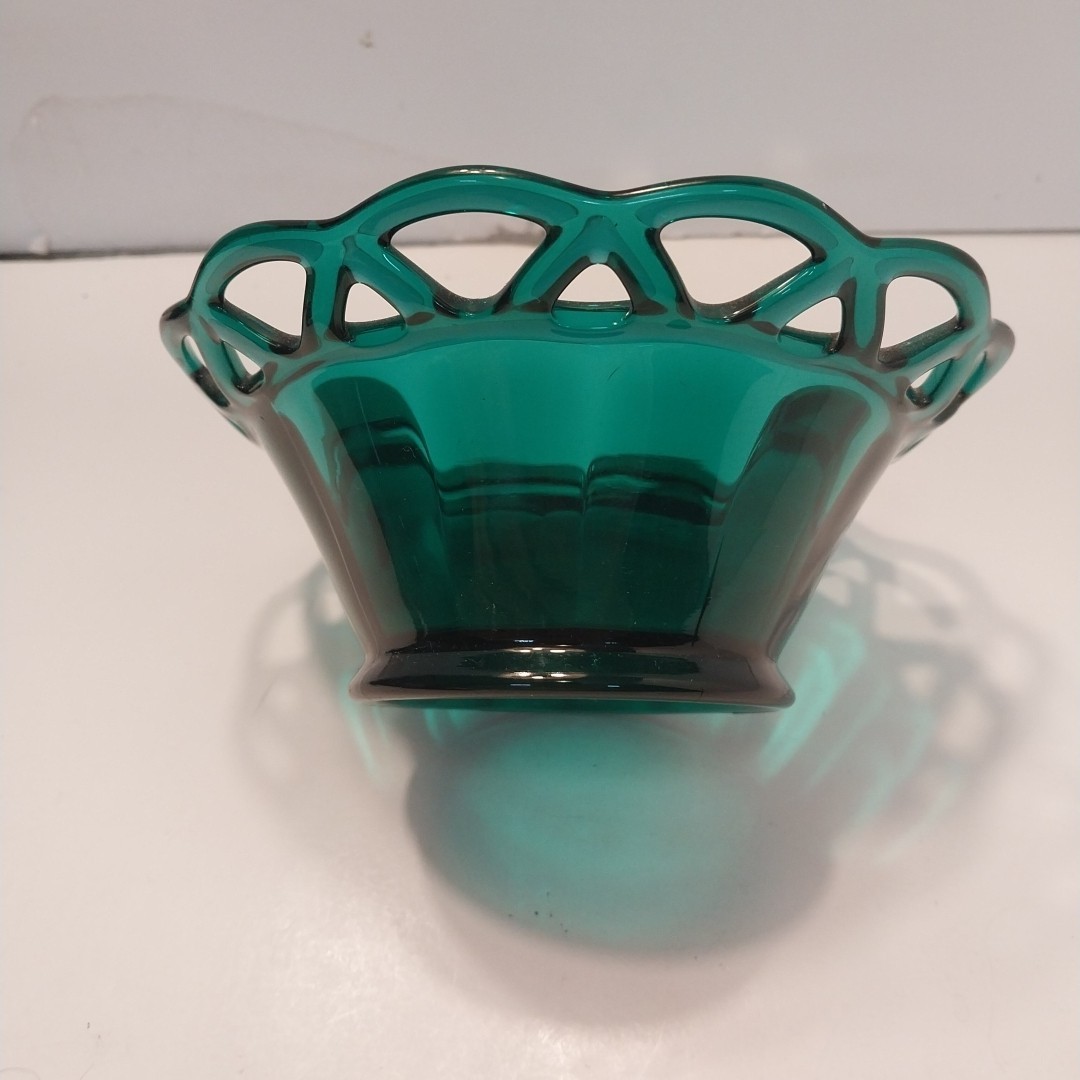 Vintage Dark Teal Green Glass Imperial Lace Bowl Dish Filigree