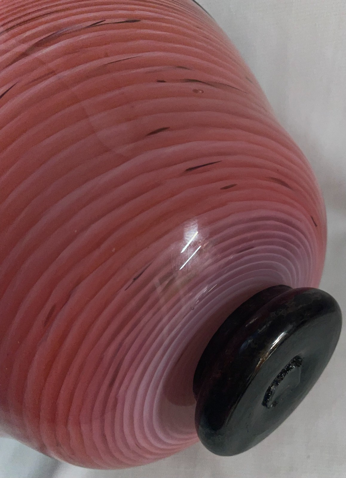 Hand Blown Pink Swirl Pattern Bowl W/ Black Base & Rim10 1/2 Inches Wide