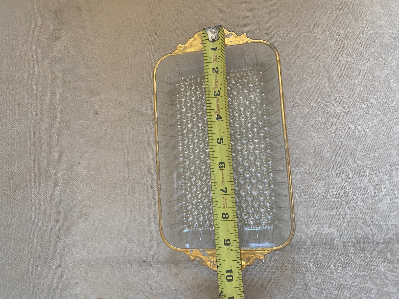 Vintage Clear Glass Rectangular Platter Tray Gold Trim Handles Diamond Pattern