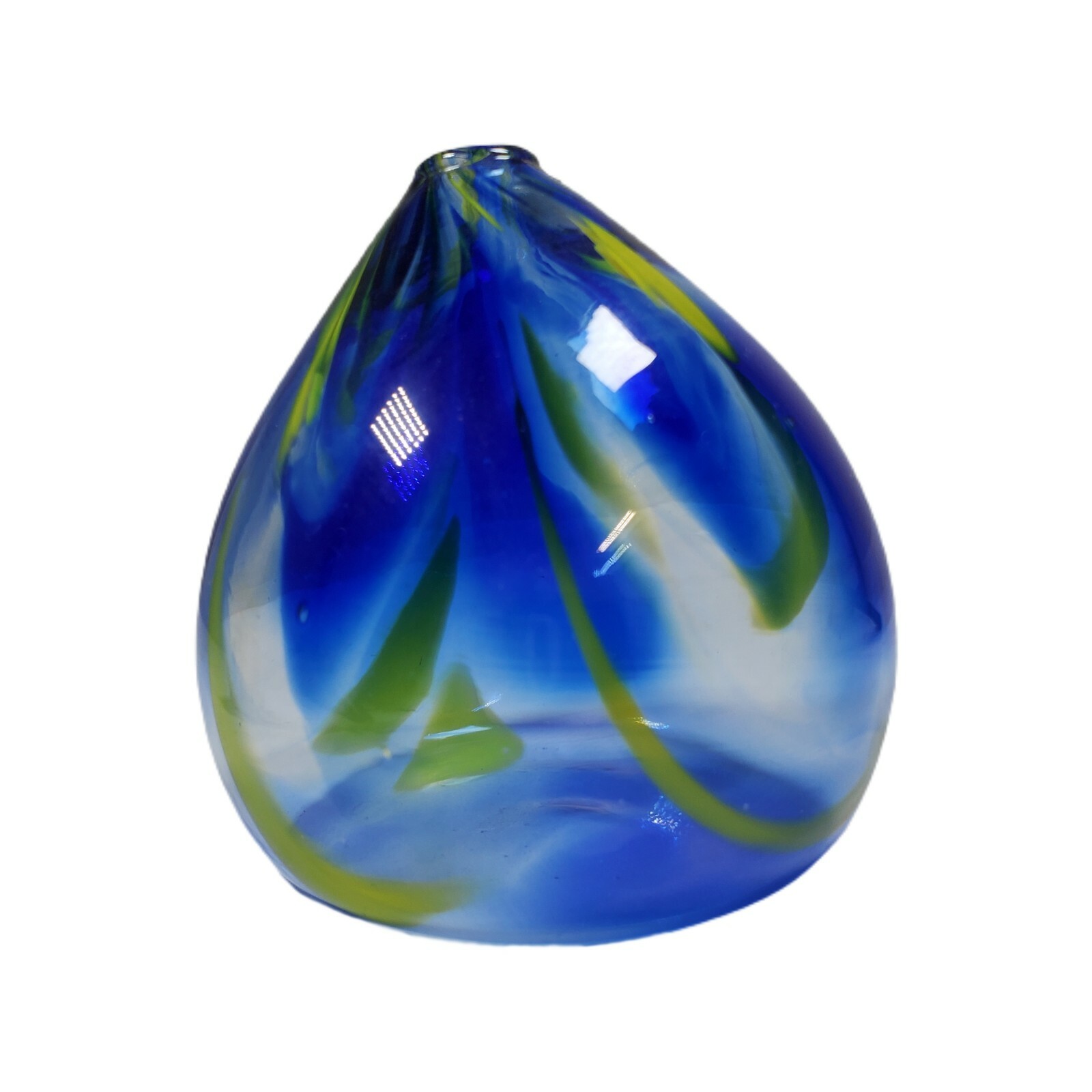 Hand Blown Stretch Art Glass Yellow Cobalt Blue Bud Vase Clear Rainbow Swirl