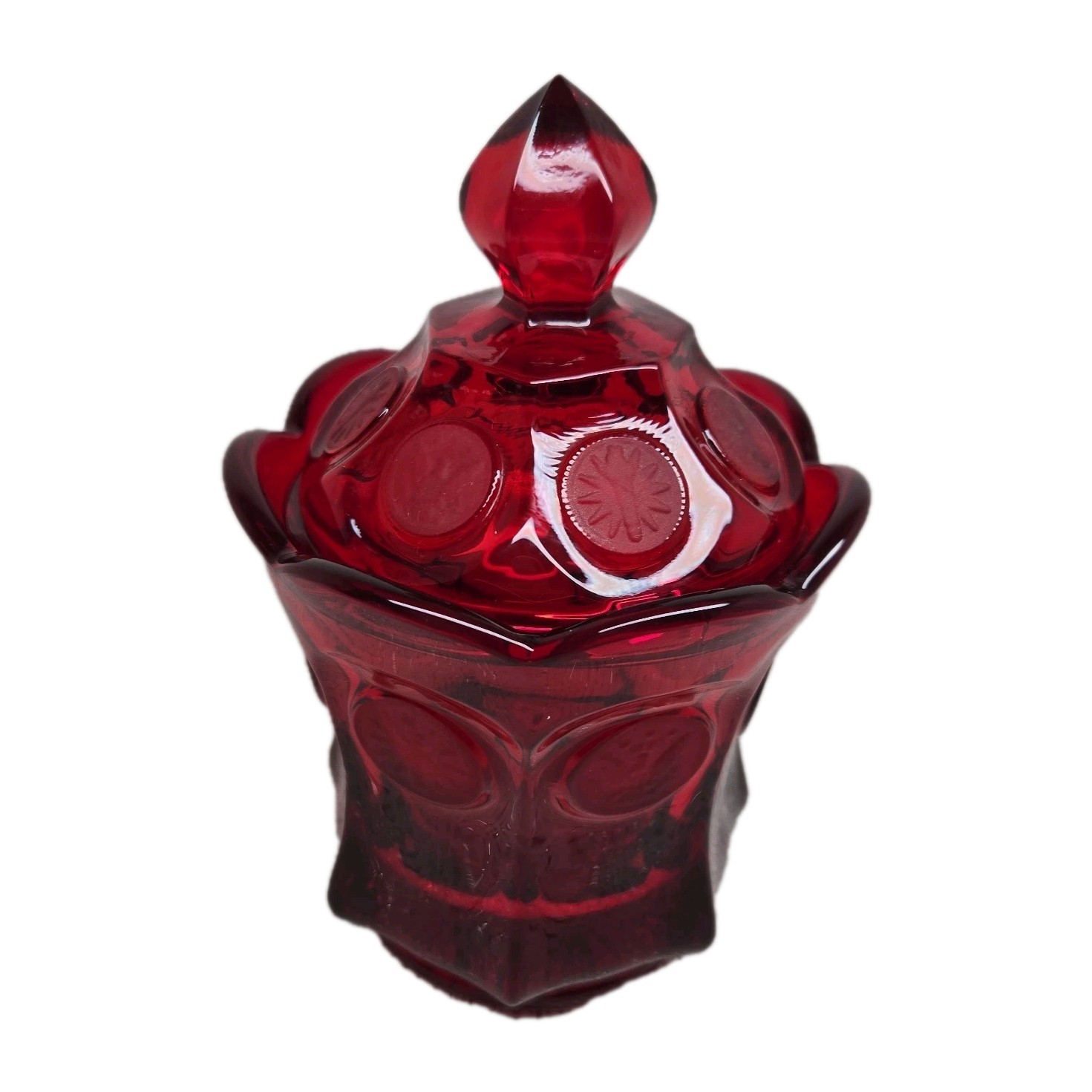 Vintage FOSTORIA Bicentennial Ruby Red Coin Glass Lidded Candy Dish 6.5 in EUC