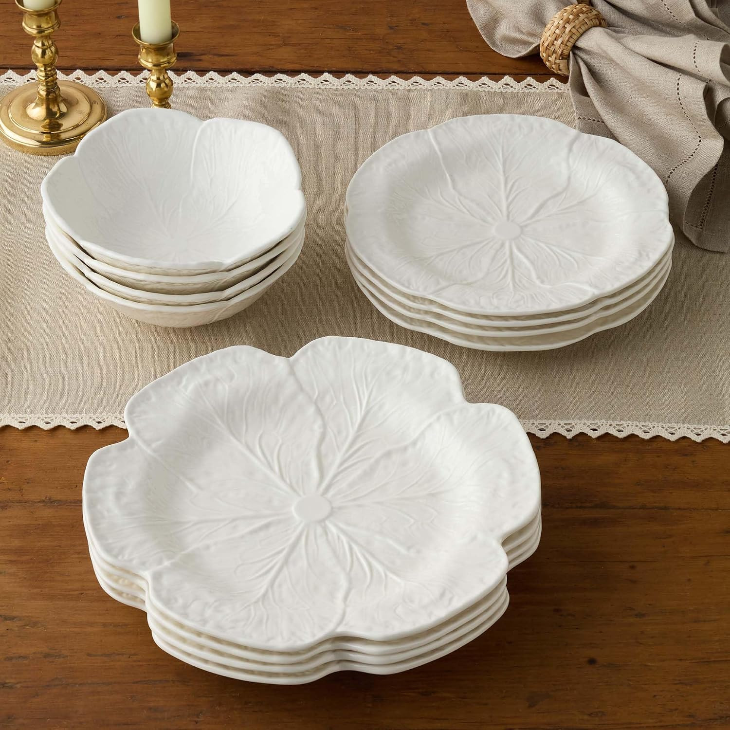 White Cabbage 3-D 11″DINNER PLATES, SETOF 4 – Sculpted Ivory Stoneware Leaf