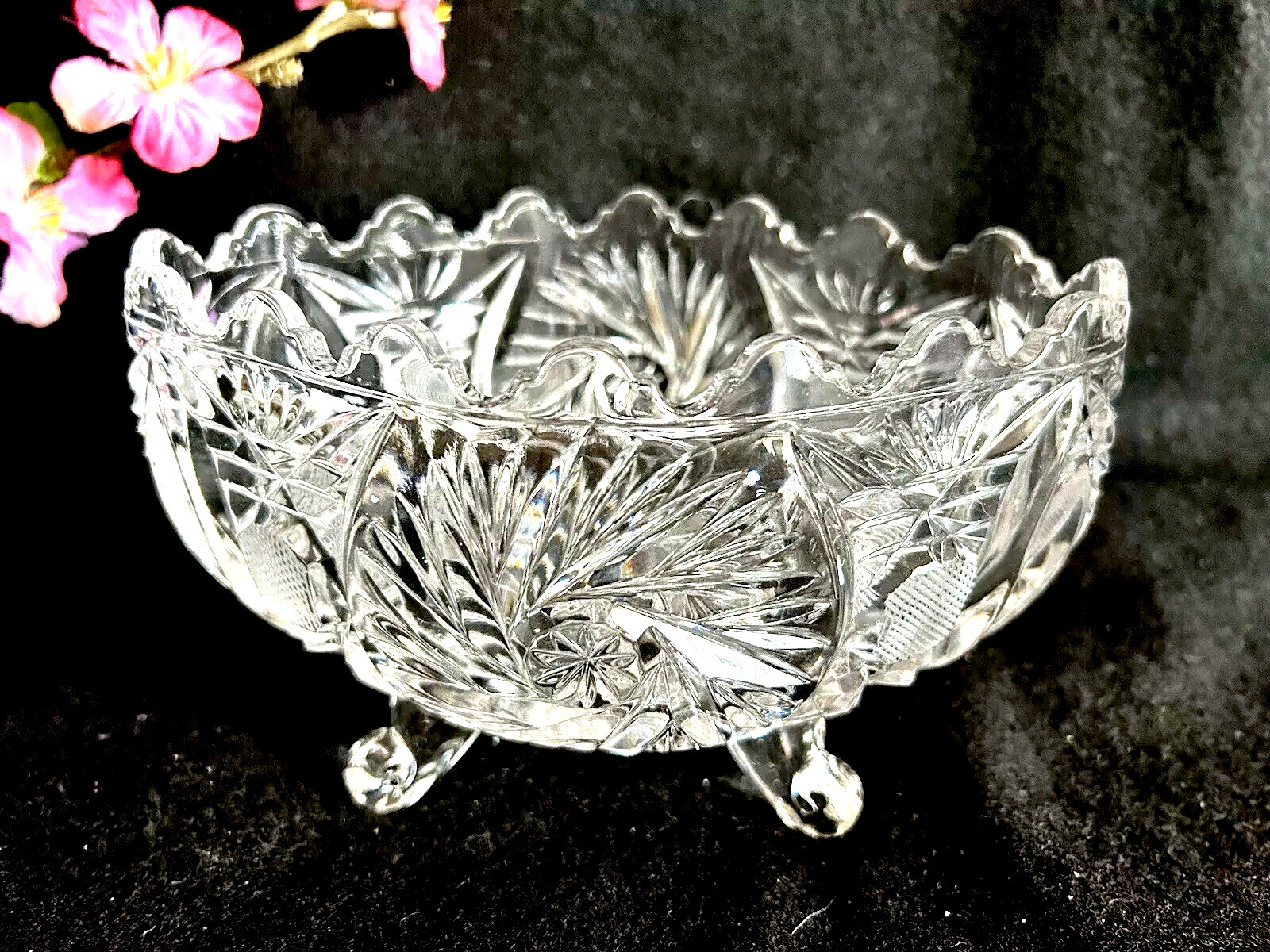 Crystal Glass Footed Bowl 7”L x 5”W X 4”H Vintage