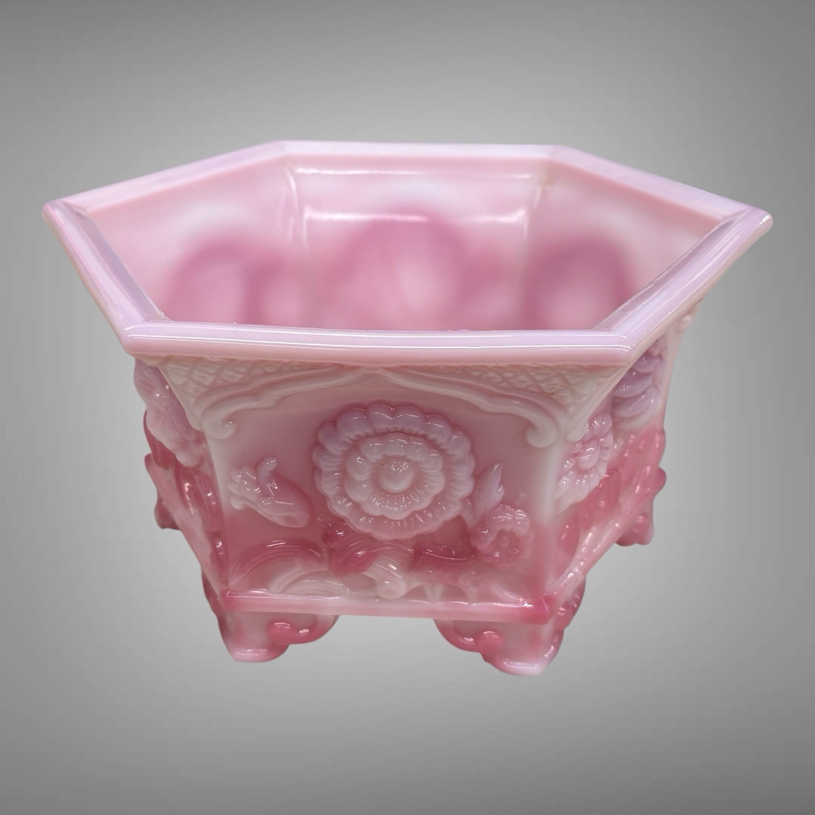 Vintage Fenton Rosalene Pink Chrysanthemum Embossed Hexagon Footed Bowl Planter