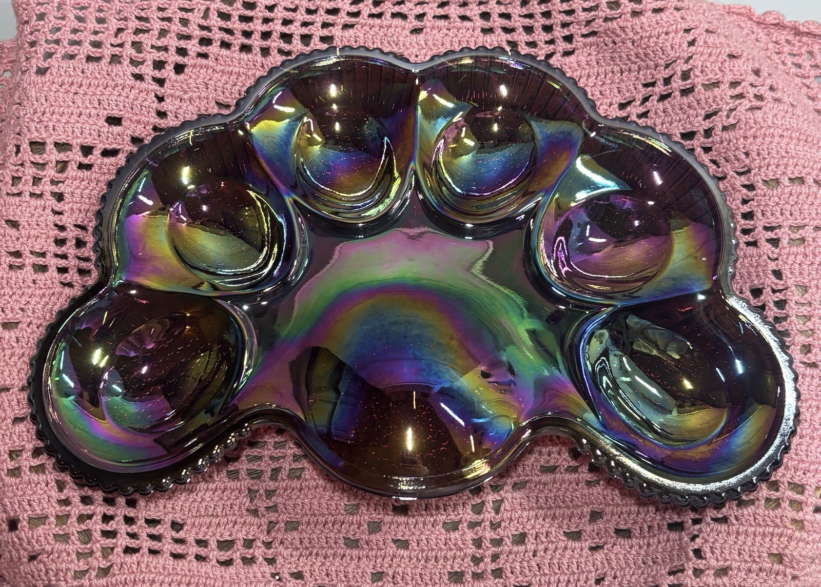 Vintage LE Smith Carnival Deviled Egg Tray | Plate | Tray Amethyst Glass Hobnail