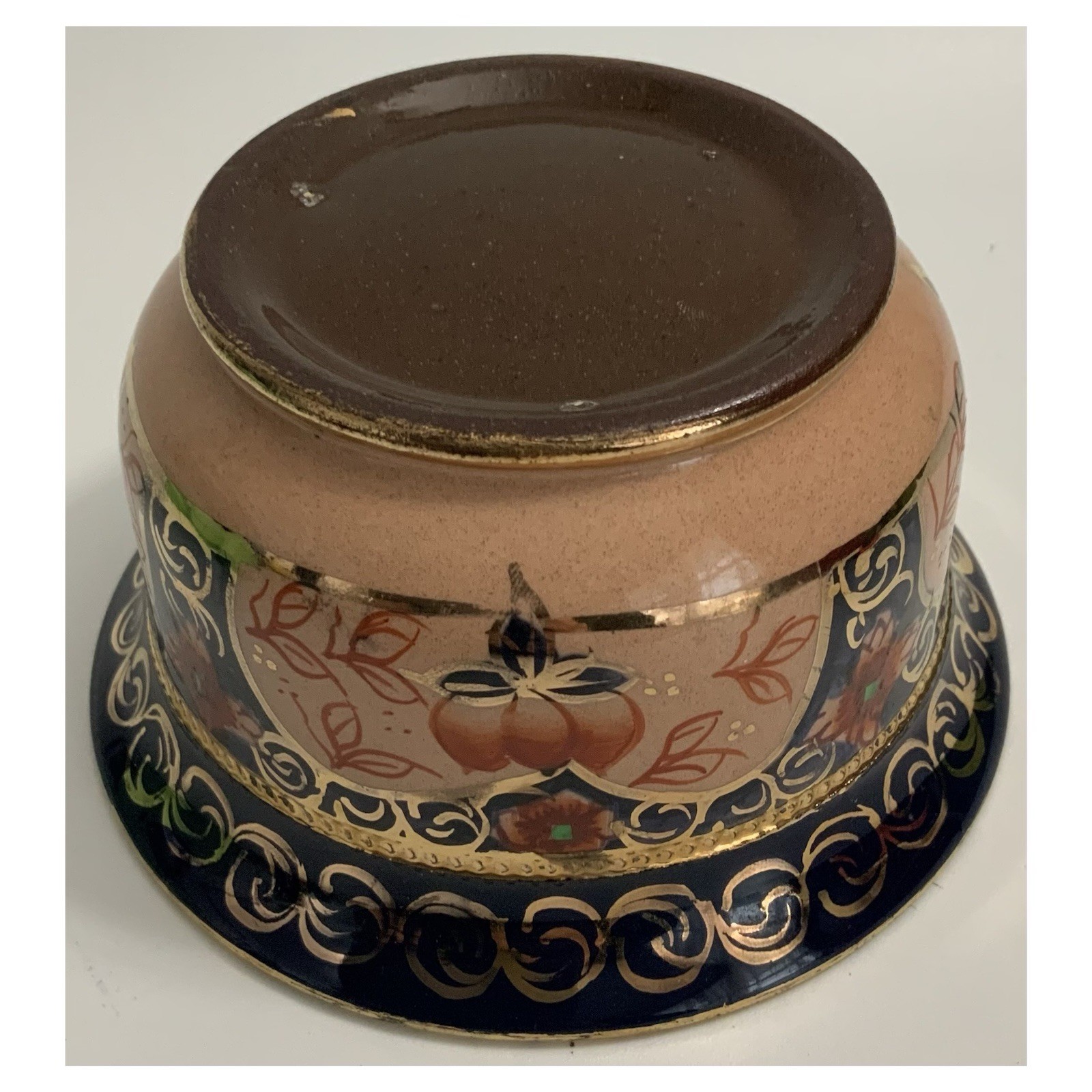 Vtg Copper Lusterware Bowl – 5” x 2¾” – Peach/Gold/Dark Blue/Rust Floral