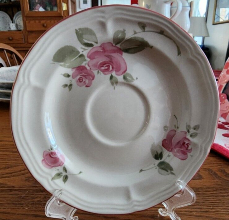 Roseland Saucer (s) 6 1/2 Rose Gibson Genuine Stoneware White Pink Green !