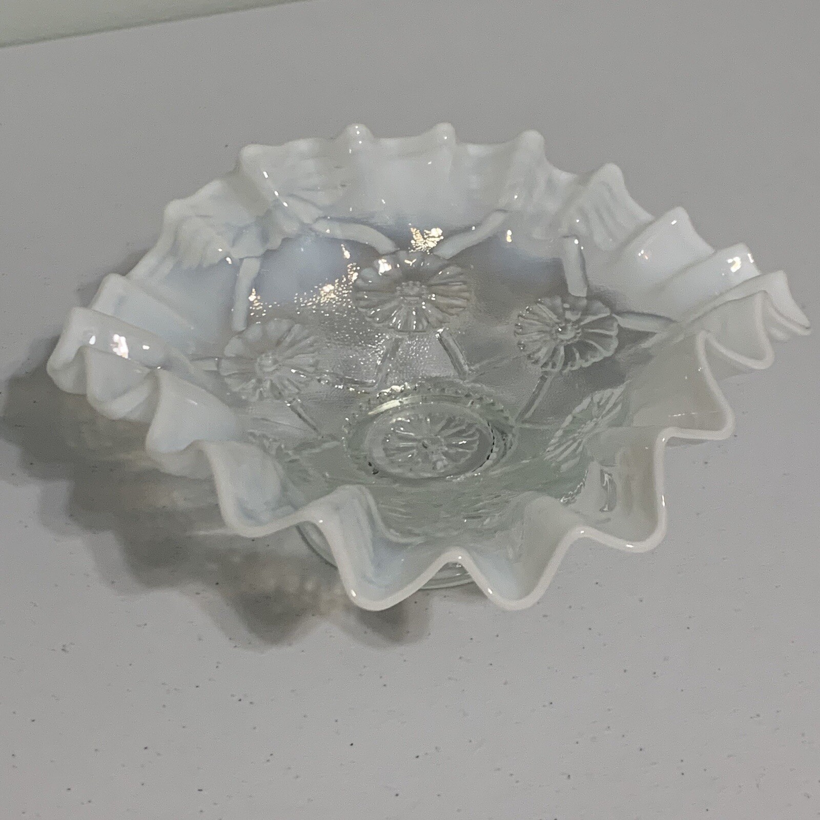 RARE Northwood BLOSSOMS WEB White Opalescent Egyptian Art Deco Glass 8″ Ftd BOWL