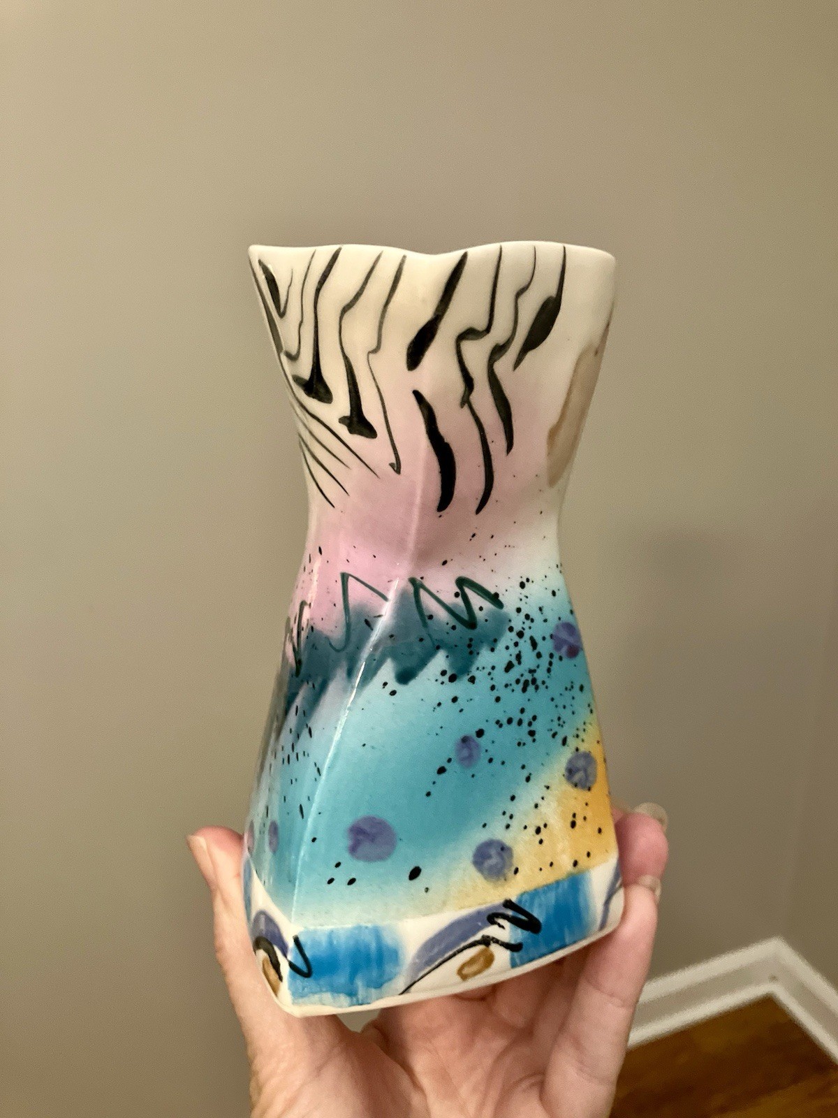 Caroline 1994 Signed Hand Painted Studio Art Pottery Pitcher Vase Postmodern