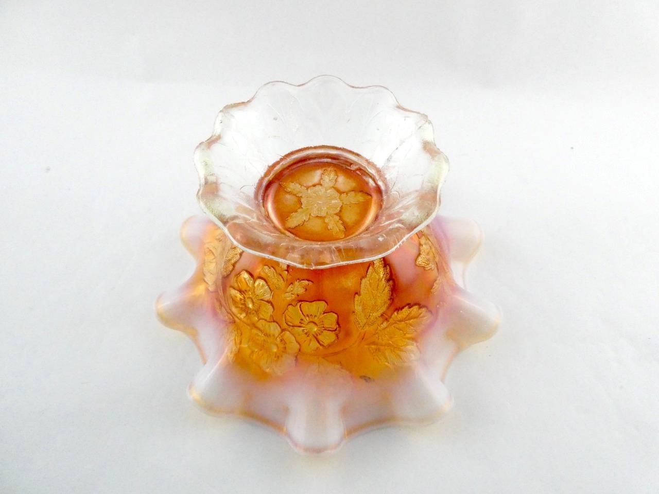 Vintage Dugan Dogwood Sprays Marigold Opalescent Carnival Glass Footed Bowl