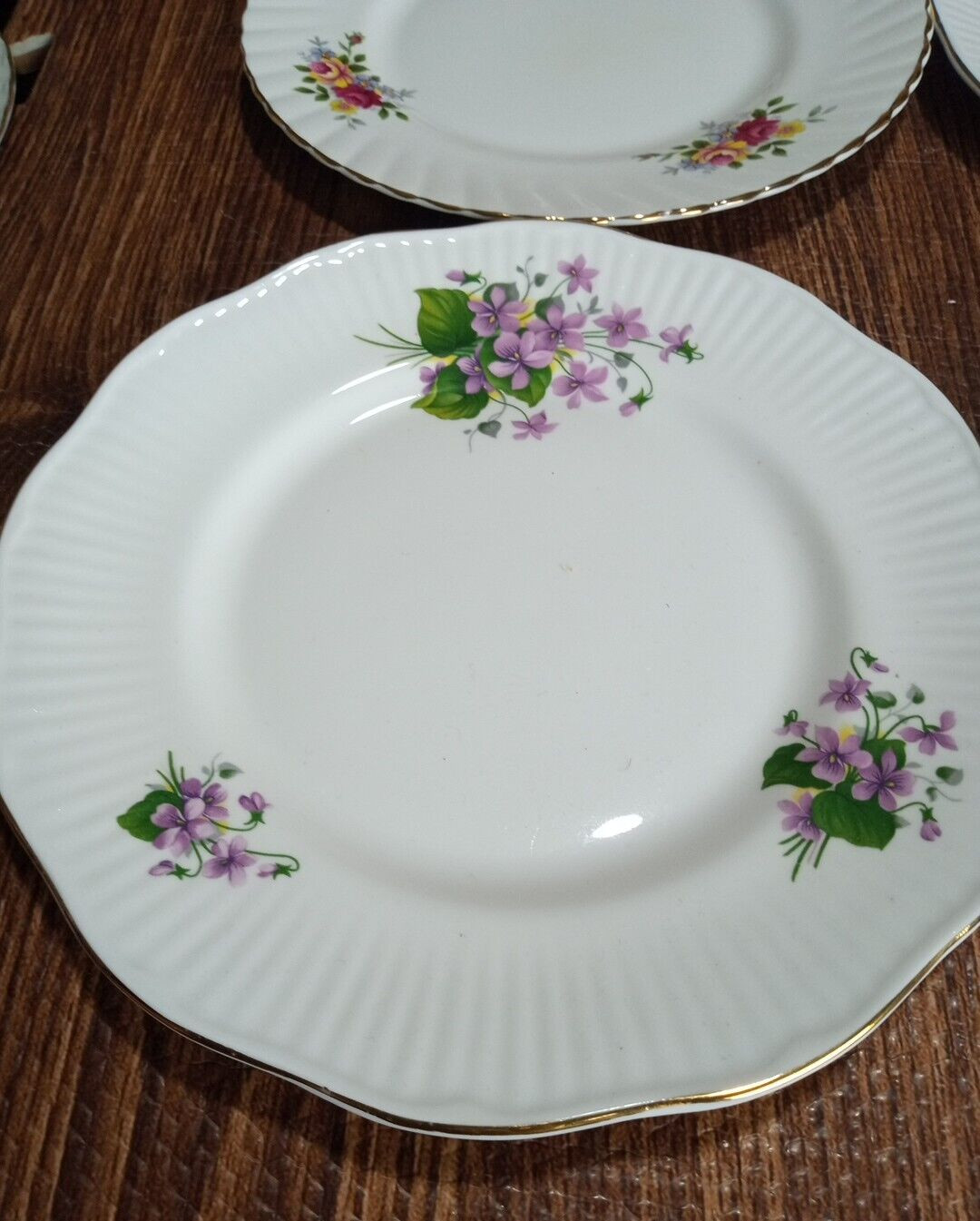 Royal Minster Bone China Gilt Rim Floral 8″ Dessert Vintage Mix Plates Set of 4
