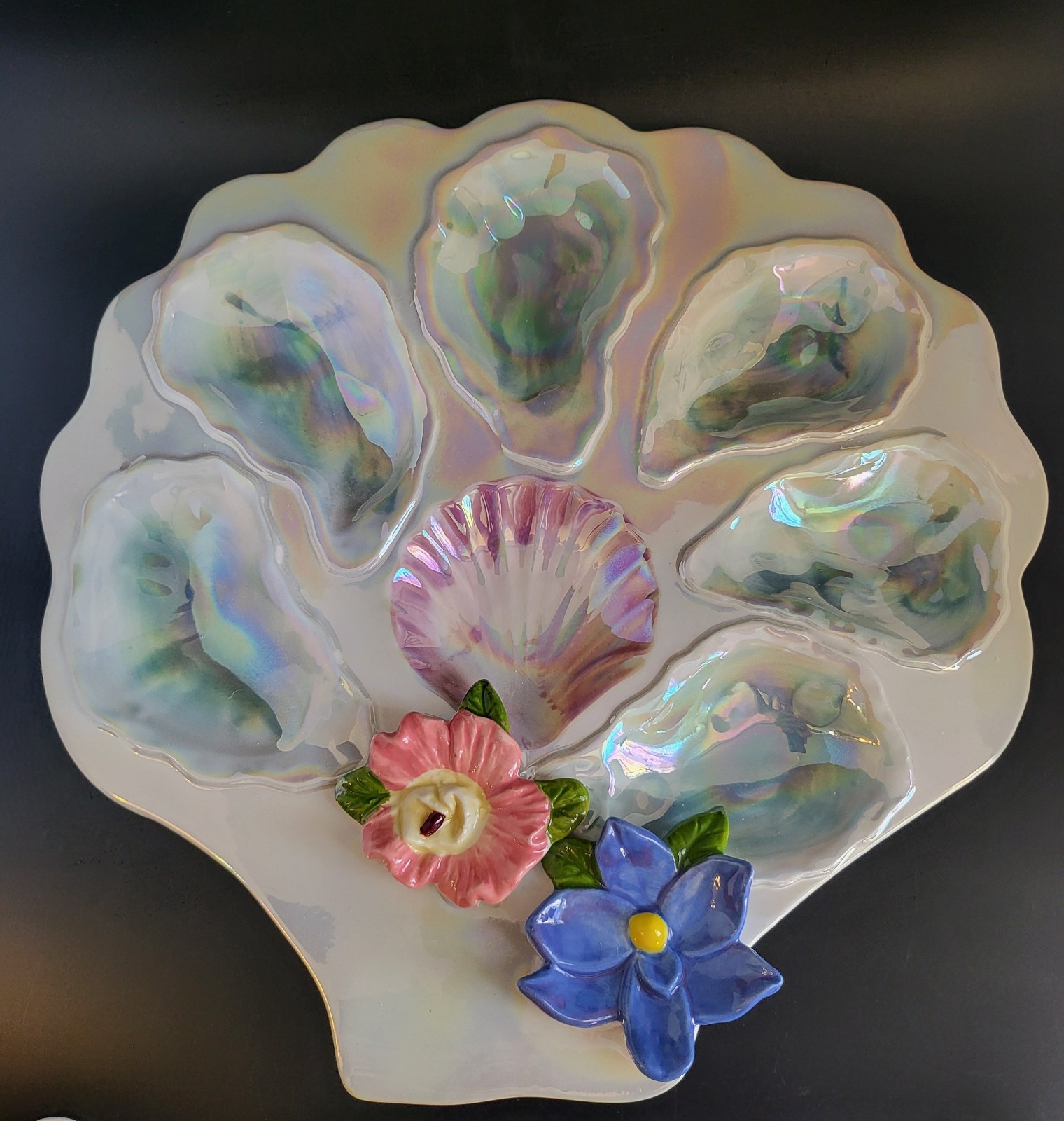 Iridescent Ceramic Oyster Plate with 3D Dimensional Flowers One Plate