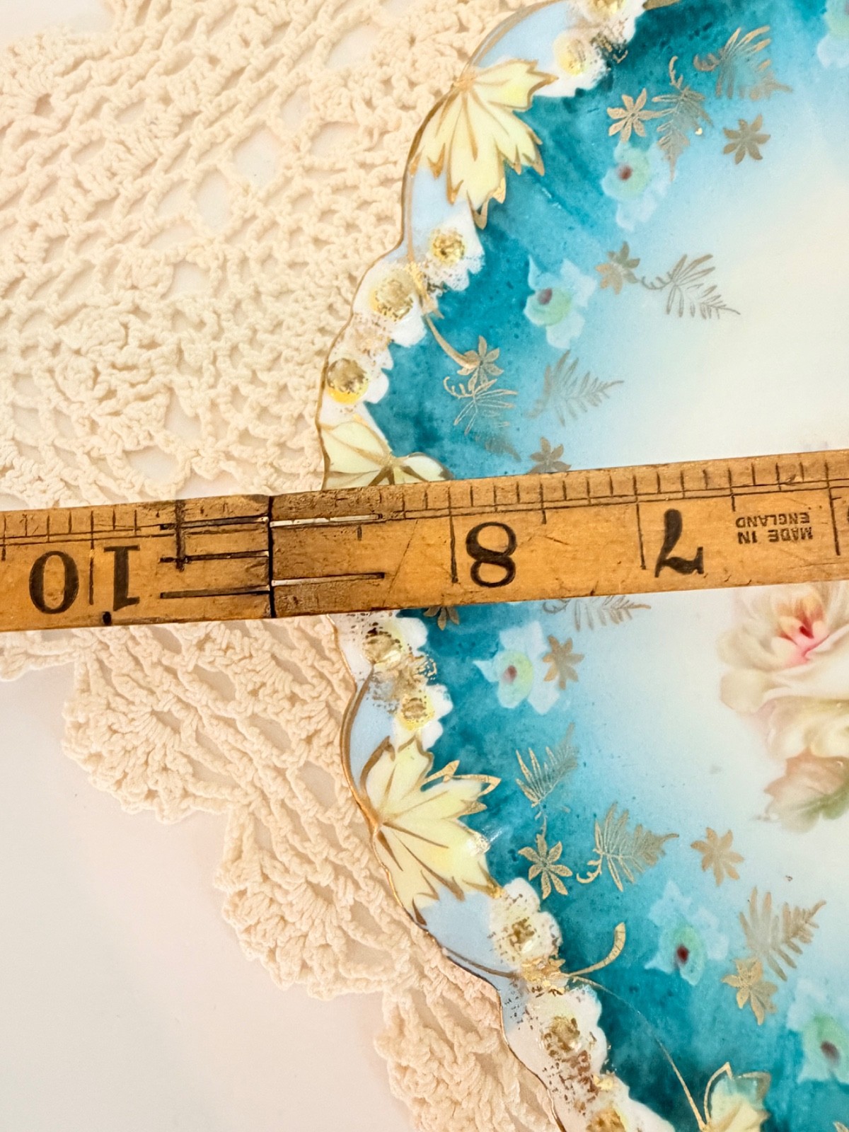 Bohemia Porcelain Hand Painted Rose Cabinet Plate Teal Blue Gold Gilt 9″