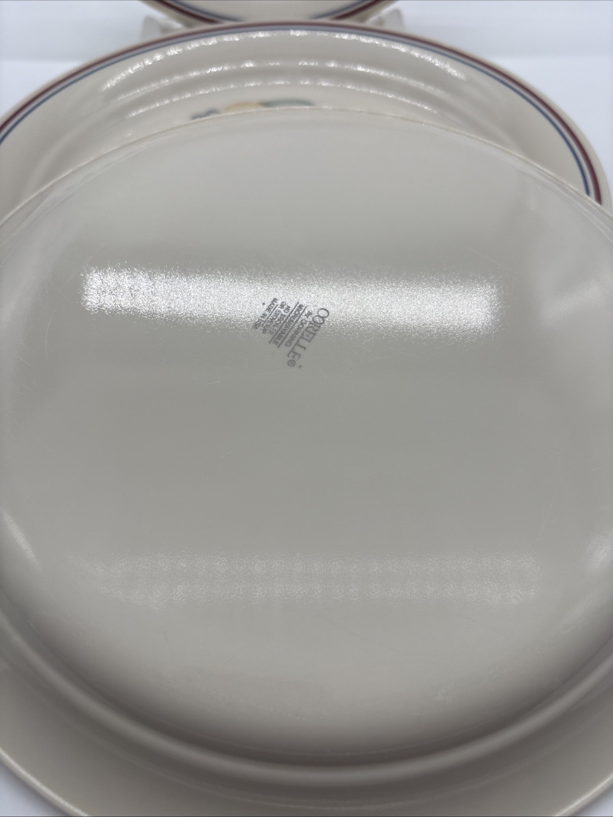 Set Of 4 Corelle ABUNDANCE 10 1/4 ” Dinner Plates Fruit Motif Striped Rim USA
