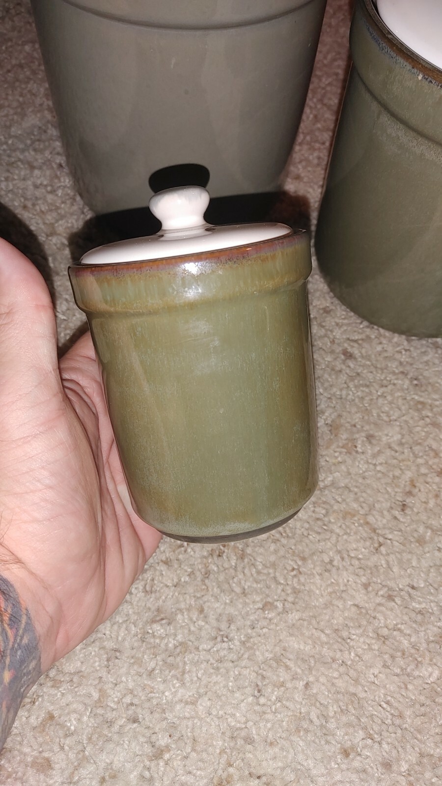 Vintage Sango Stoneware Canister Set of 4 Avocado Olive Green w Gasket Lids