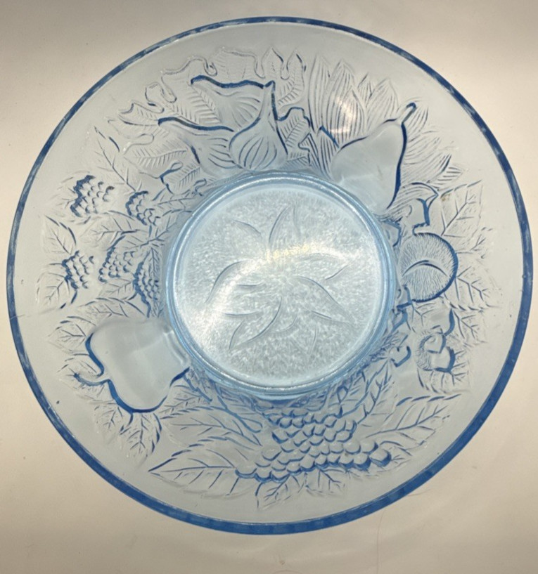 Glass Serving Bowl Ice Blue KIG Indonesia VTG 8.5″ Flower Fruit Apple Pear Grape