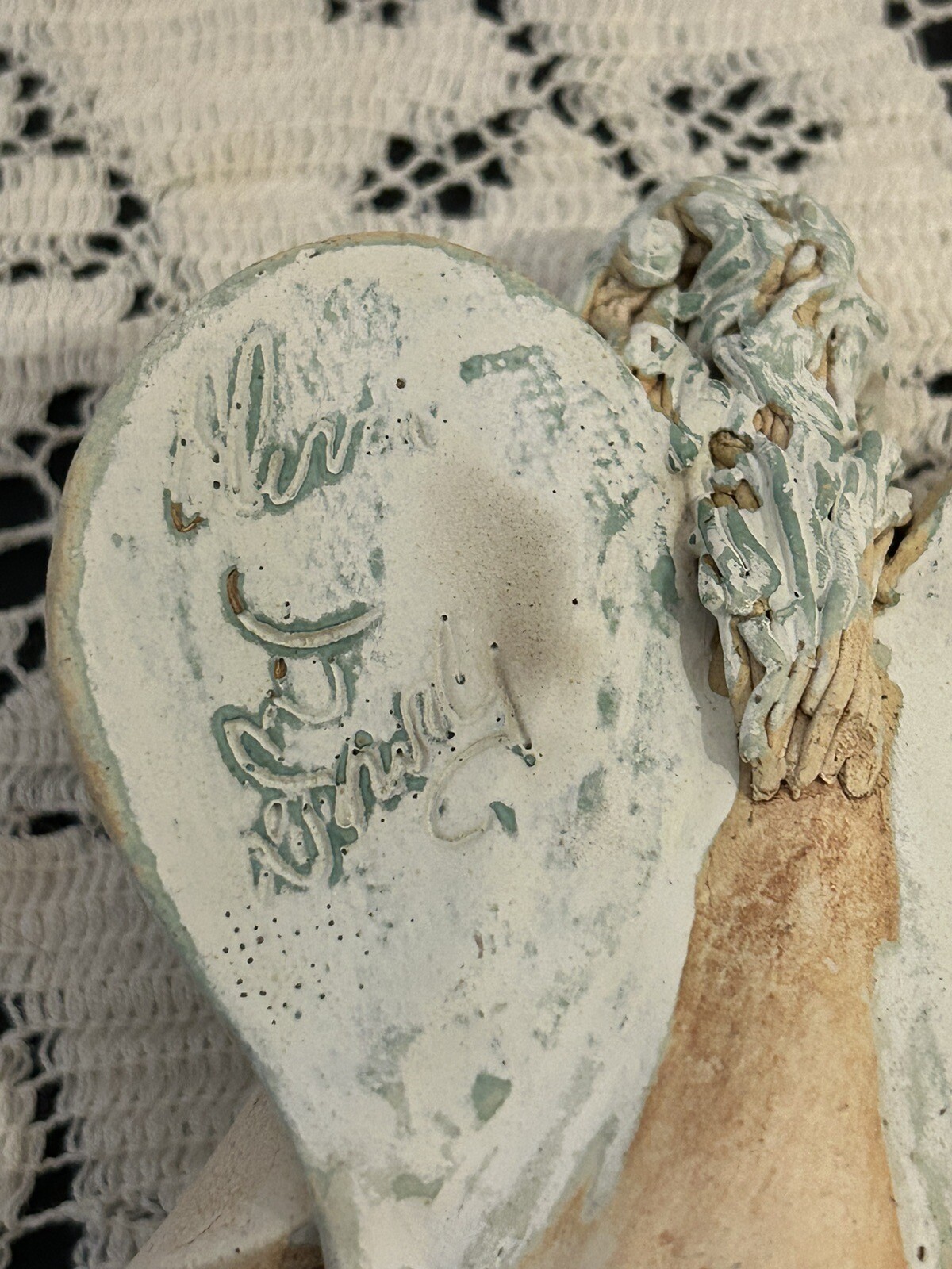 Pottery angel holding heart studio signed Olivia D Dowdy rustic North Carolina