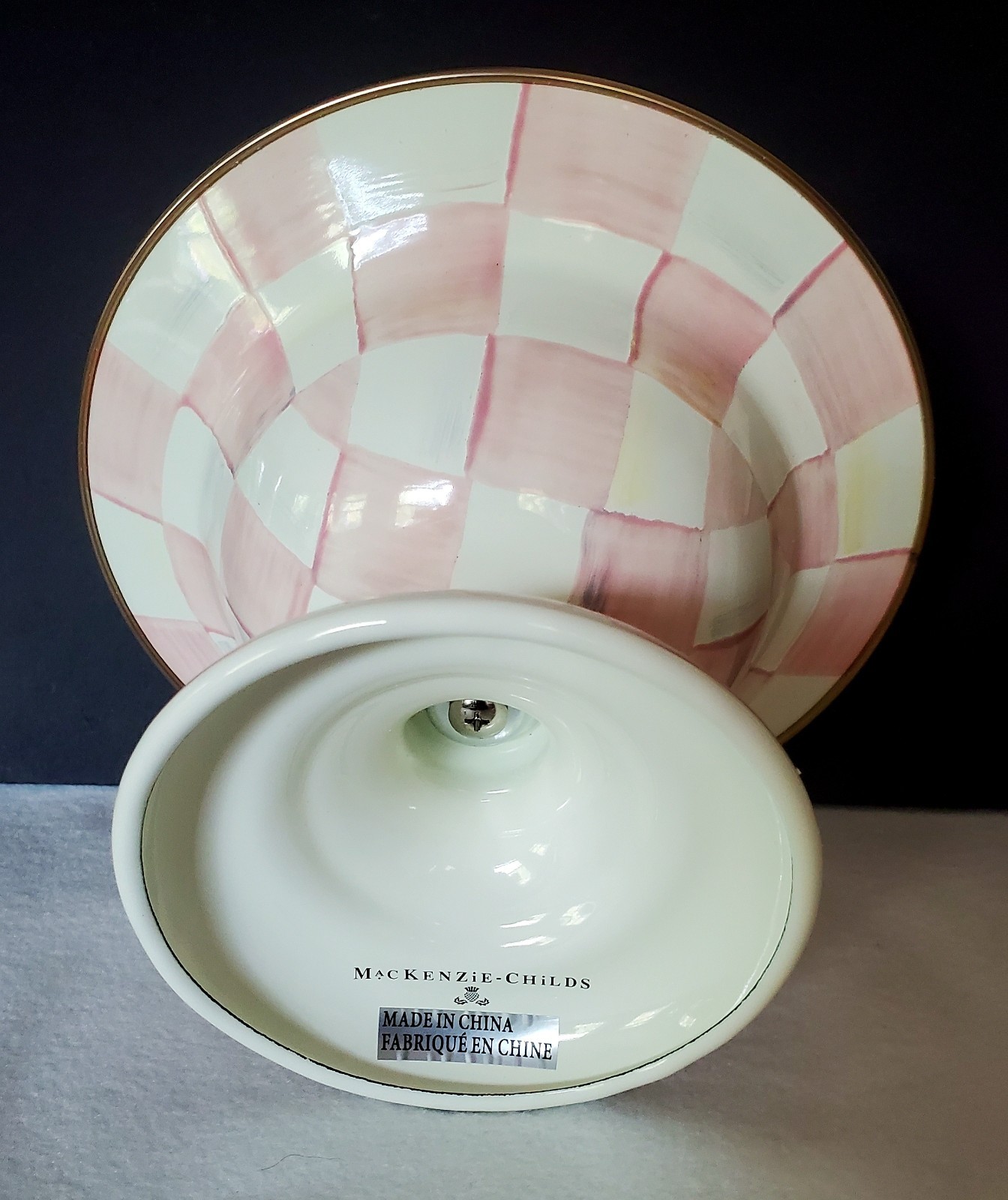 Mackenzie Childs Rosy Check pink compote bowl 10 oz. 7.5″ dia. 5″ T NEW in box!