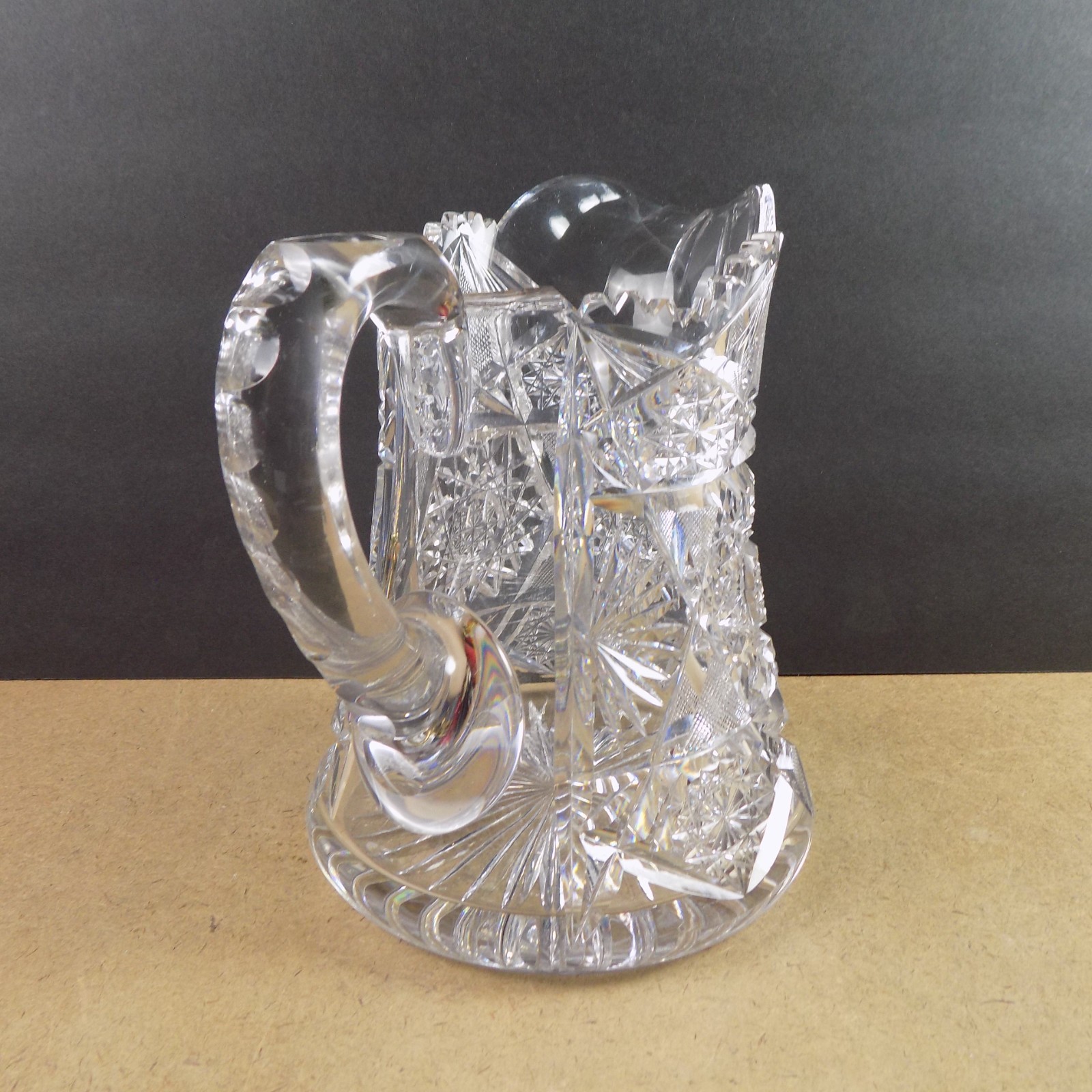 Antique American Brilliant Cut Glass Pitcher Hobstars VGC 8.25″ Tall Beauty!