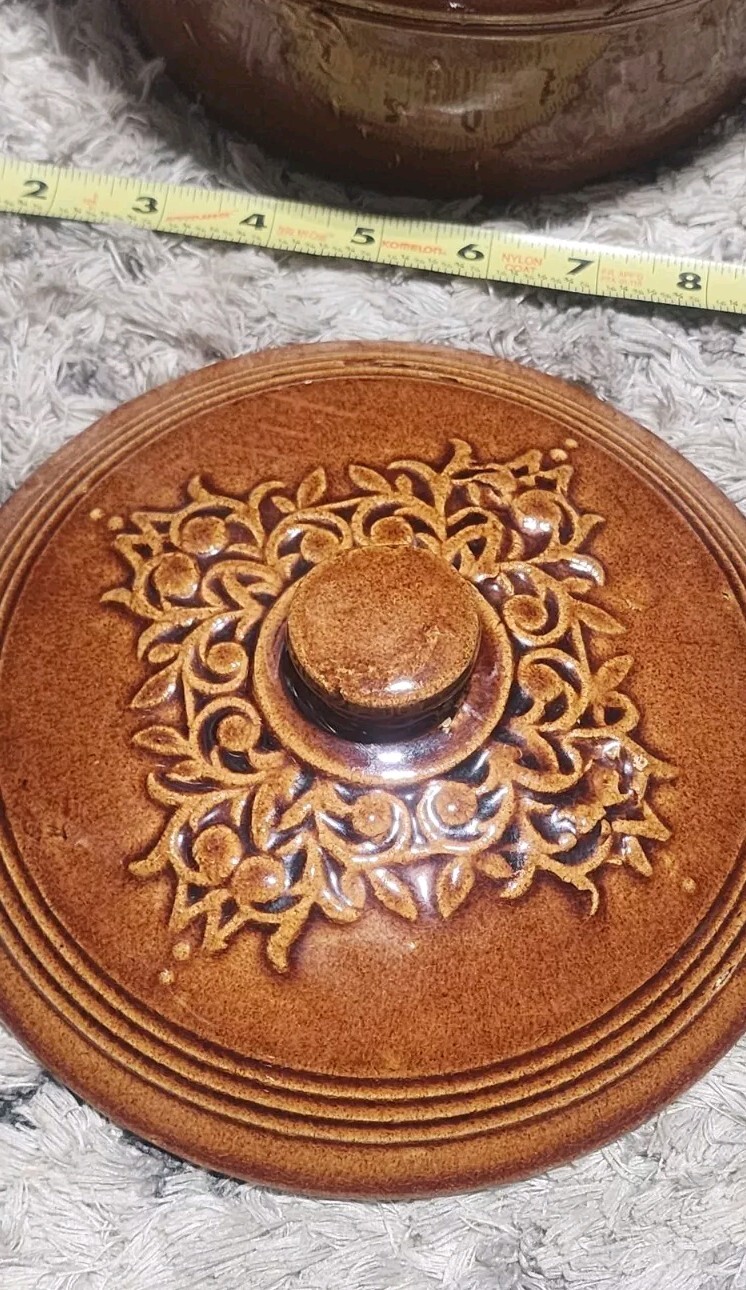 Vintage Light Brown Stoneware Lidded Bowl With Embossed design USA