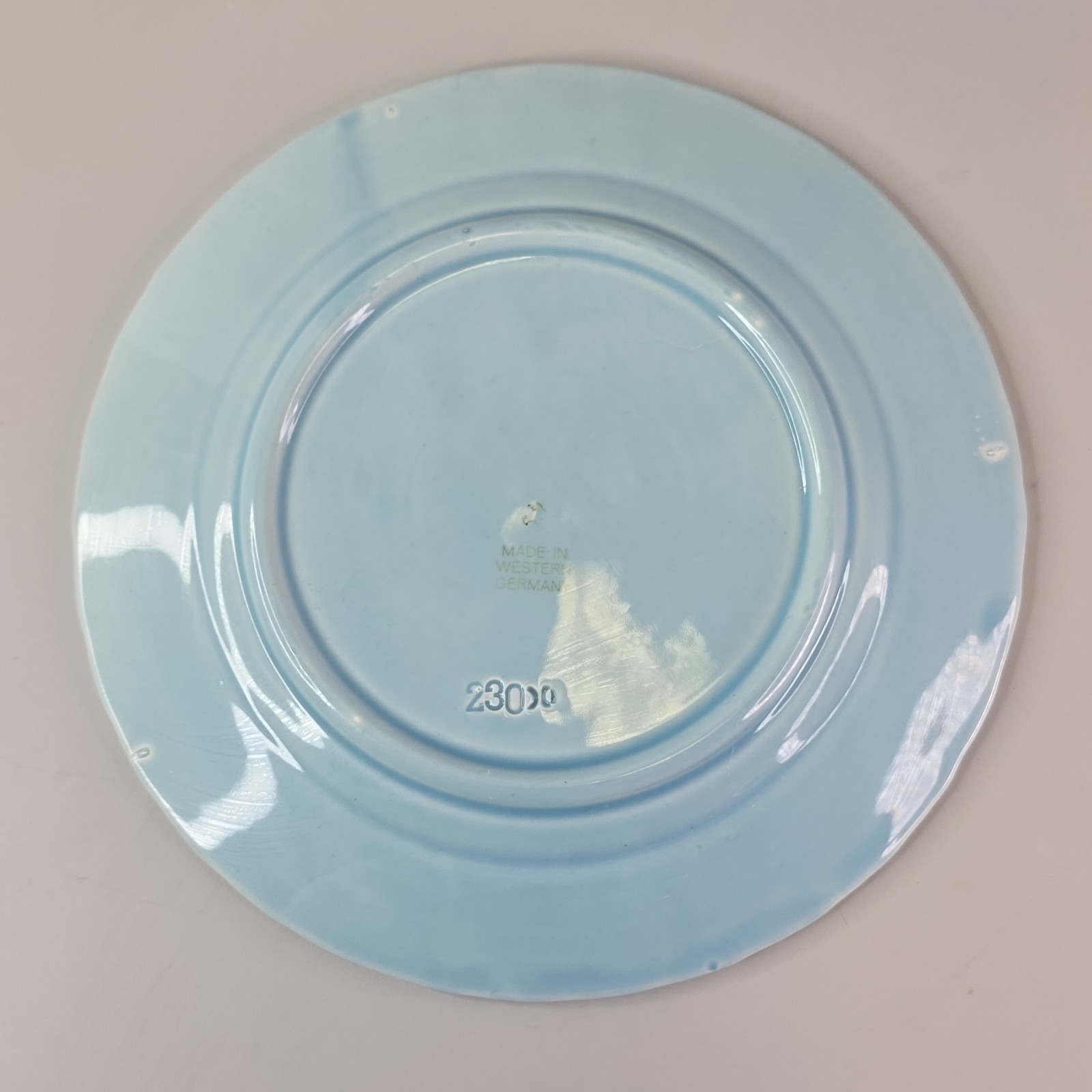 German Majolica Plate 7.75in Blue Raised Birds Grapevine 230 Vintage W Germany