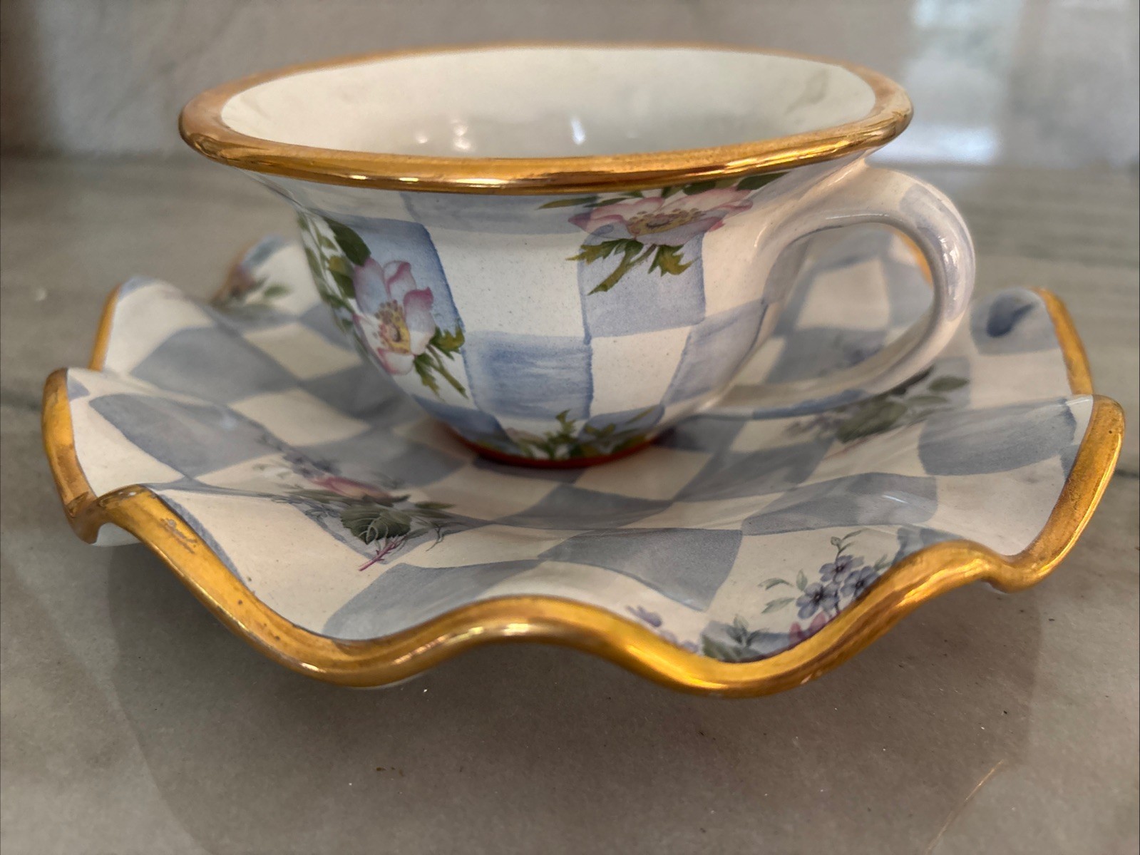 Mckenzie Childs Honeymoon Pink Rose Petal Teacup Saucer Tea Cup Ceramic Rare