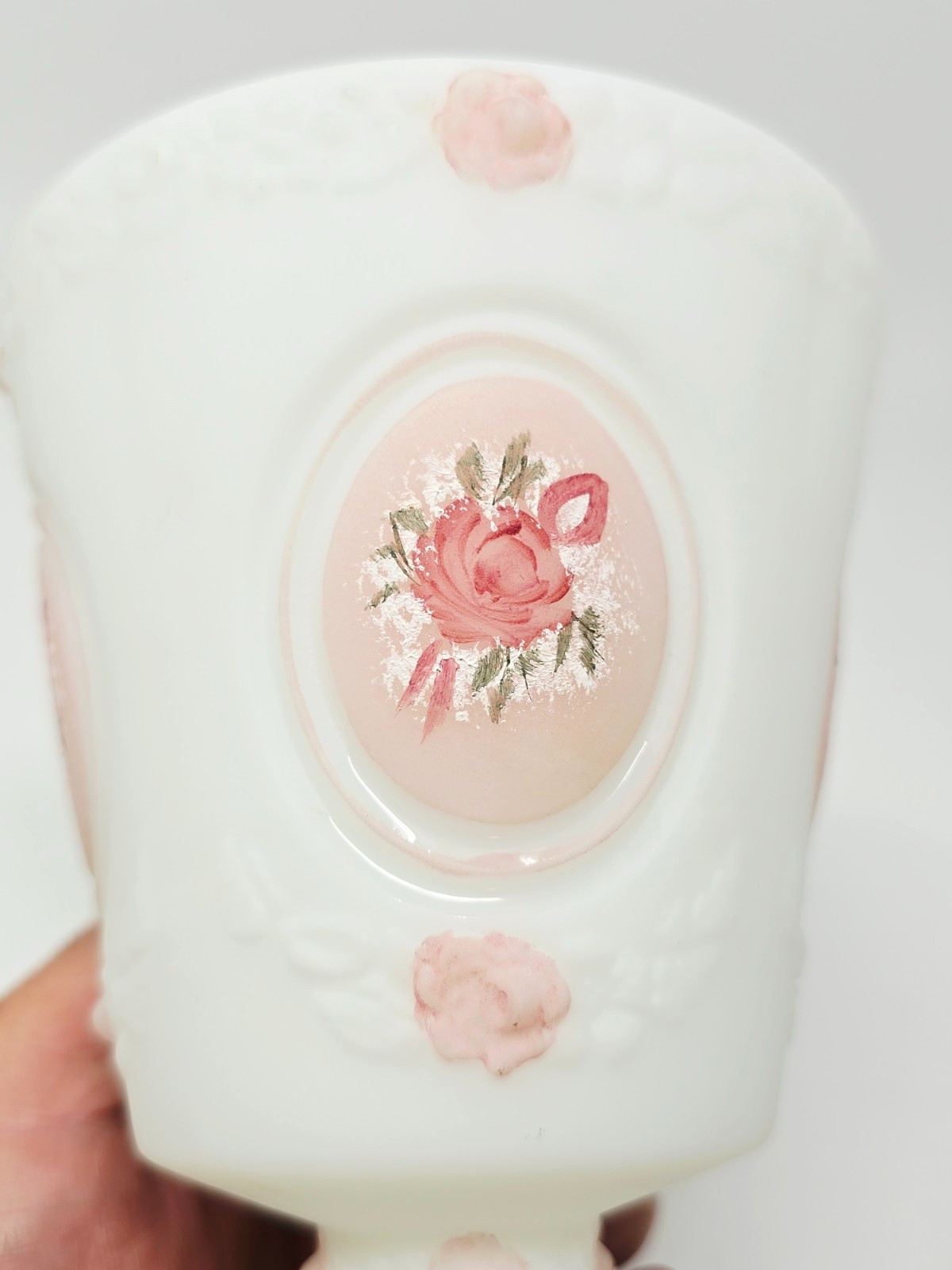FENTON White Satin Pink Roses Painted Lidded Candy Dish 8.25″ Vintage