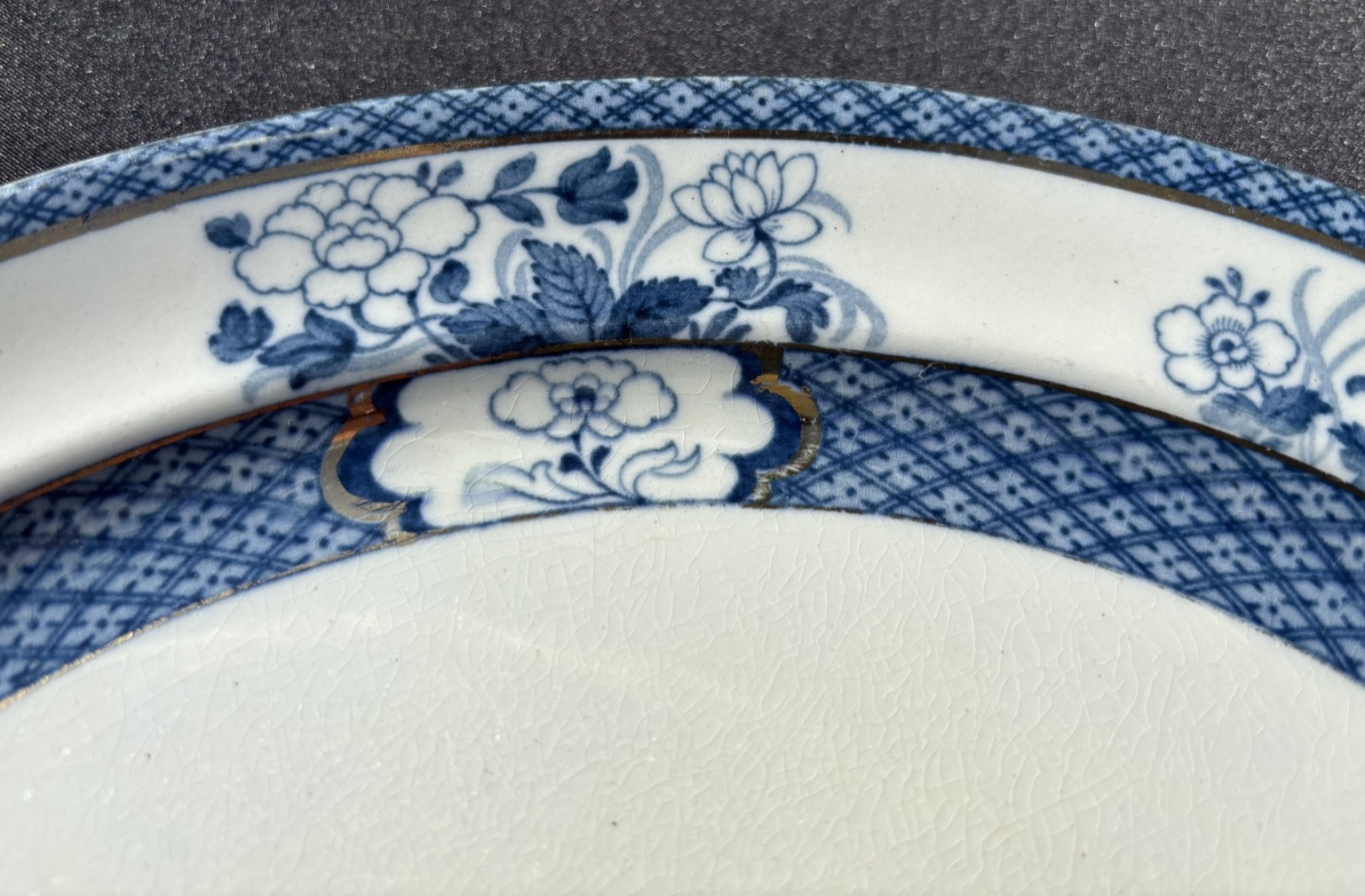 Rare F. Winkle & Co. Ltd England Blue Old Nankin 12″ Oval Platter Gold Trim VGUC