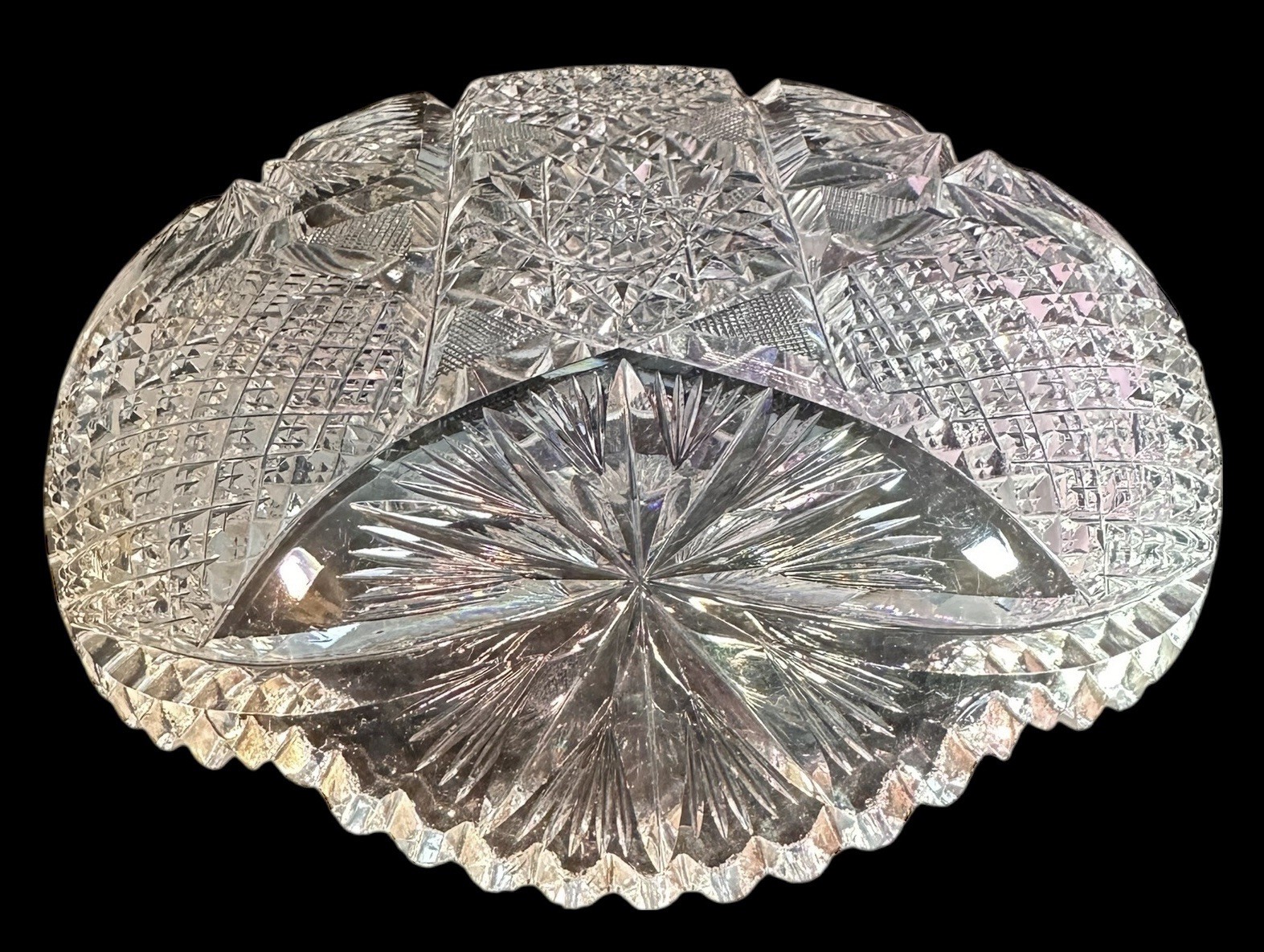 Antique American Brilliant Cut Glass Crystal Dish 8” Wide Low Serving Bowl EUC
