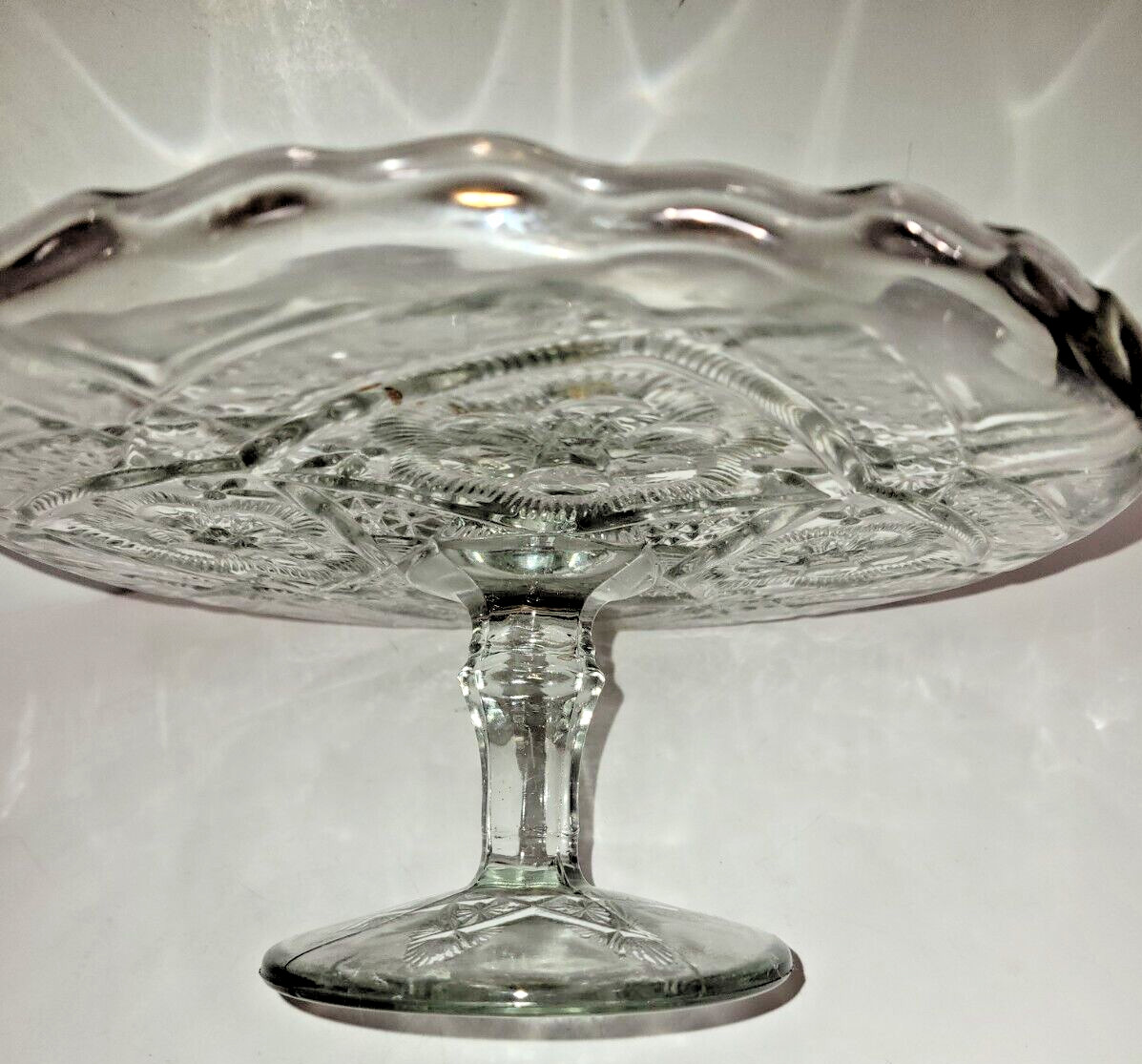 Antique Indiana Glass 1905-20 Cake Pie Pedestal Stand EAPG Rayed Flower 9.5″