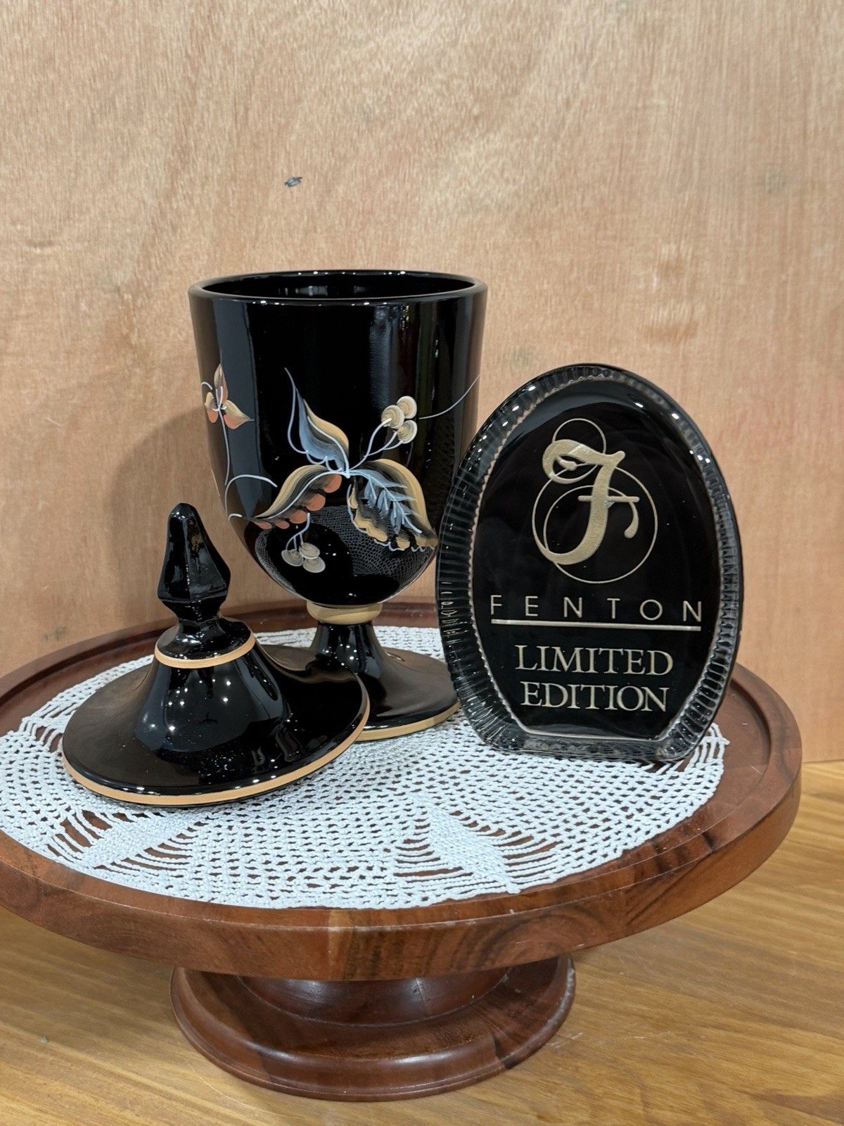 Fenton 1994 Black Hand Painted Lidded Urn Candy Dish J.K. Spindler #1325