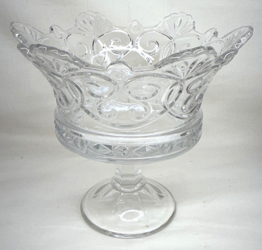 Elegant Vintage Fostoria Glass Clear Crown Pedestal Footed Bowl 9″