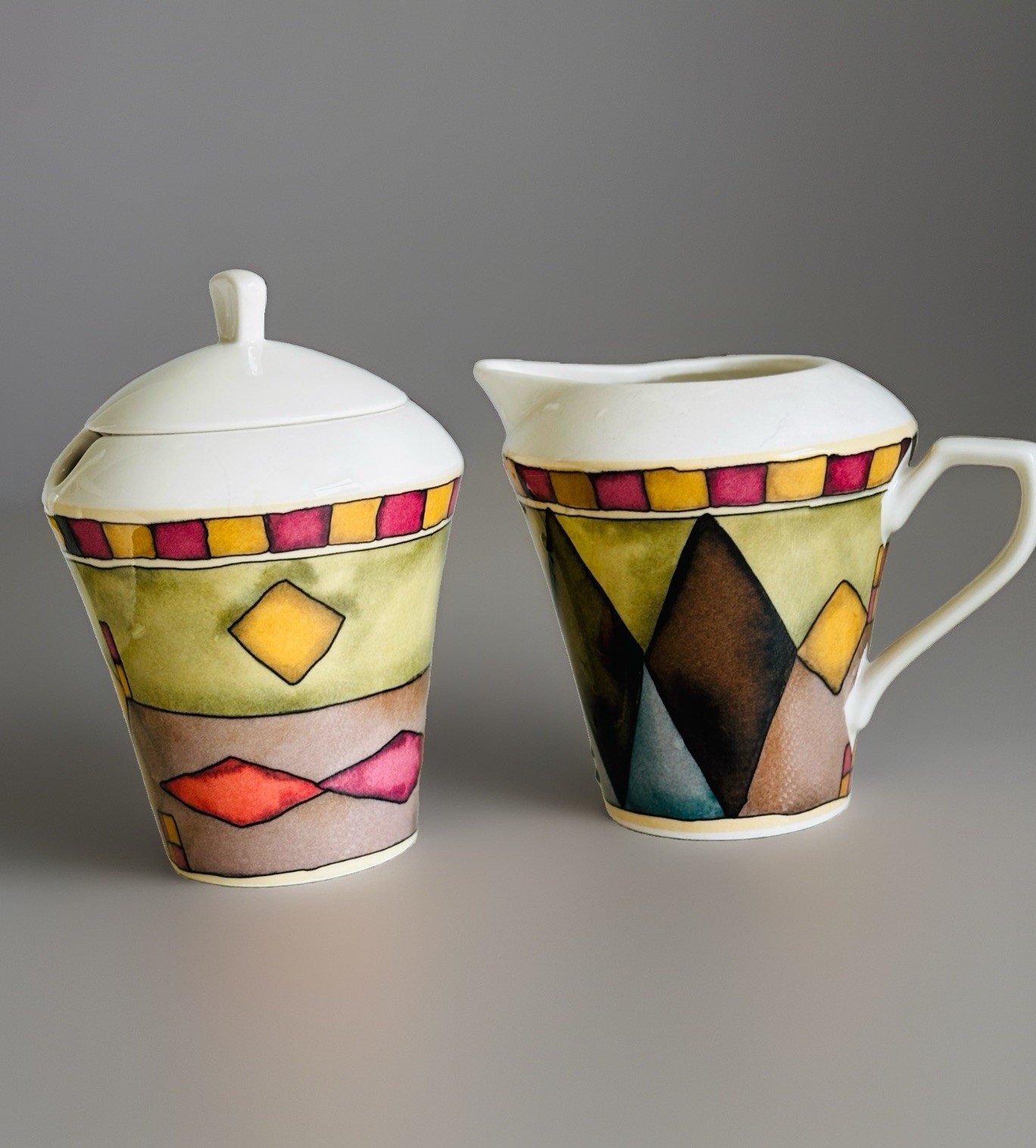 Sasaki Palazzo Creamer and Sugar Bowl Lid by Paula Zanger Multicolor Harlequin