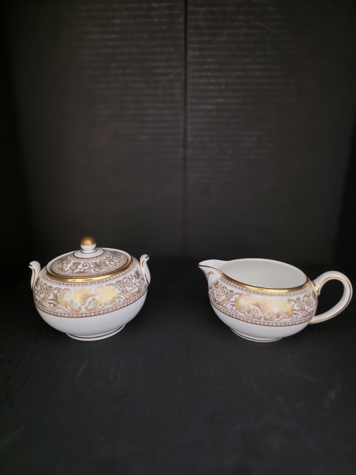 VINTAGE Wedgwood Bone China Gold Florentine Creamer and Sugar Bowl, England