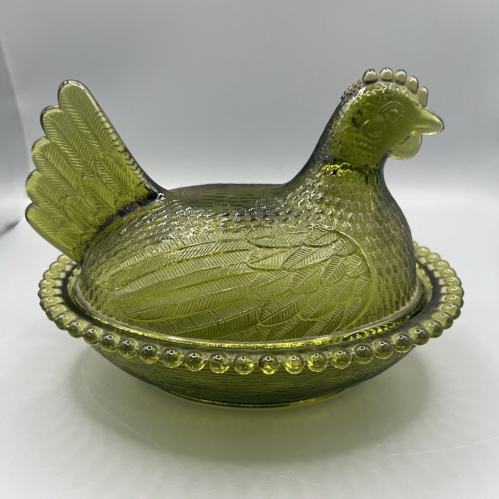 Vintage Indiana Olive Green Hen On Nest Glass Covered Candy Dish 7″