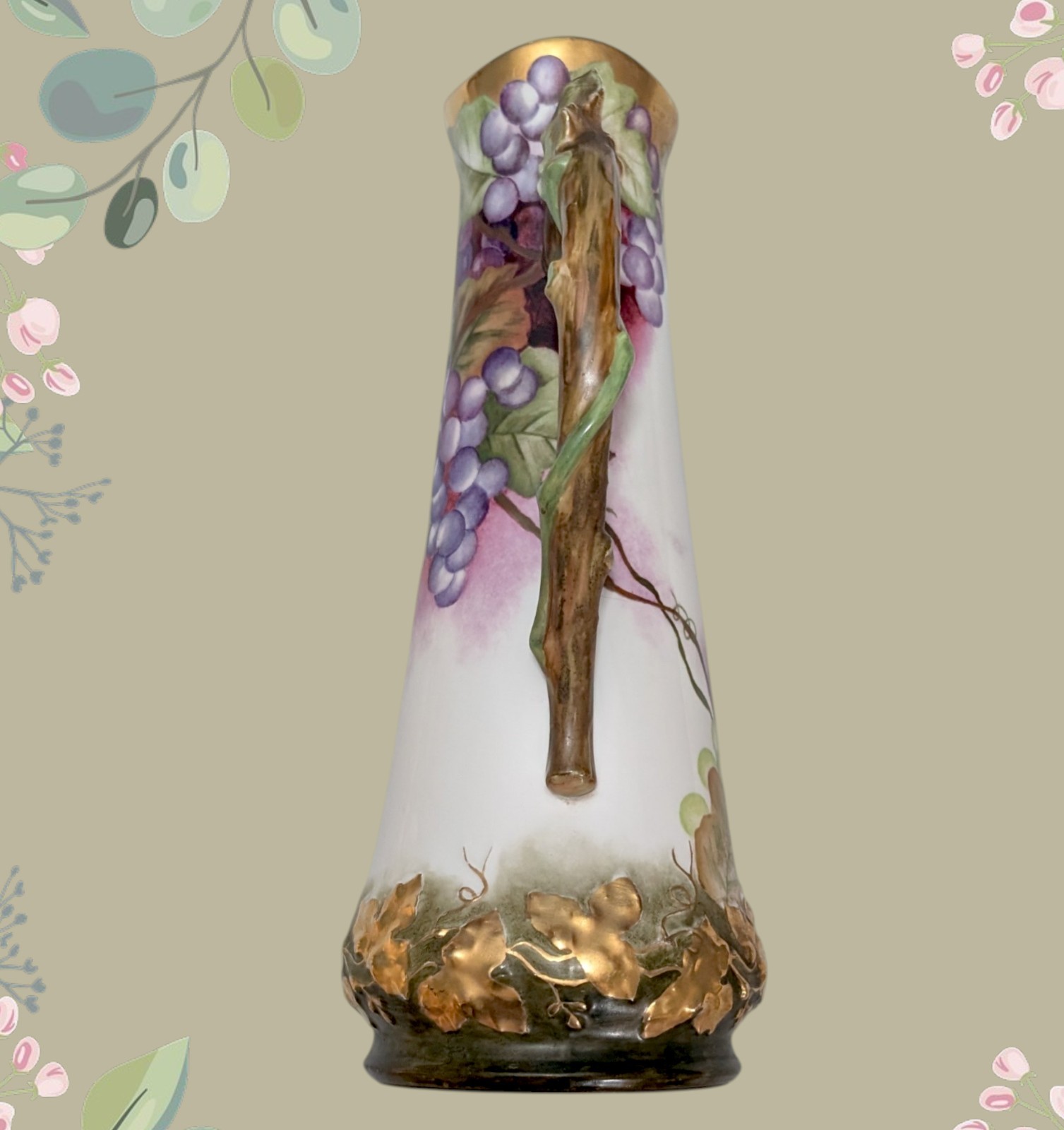 T&V LIMOGES Hand Painted Grapes & Gold Gilt Pitcher 15.5″ Tall Grape Vine Leaves