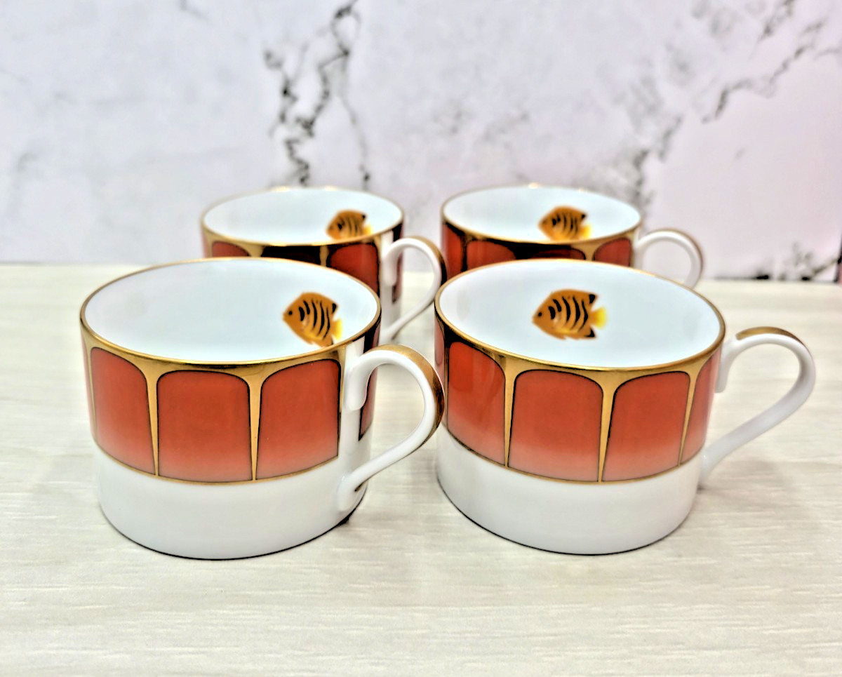 Lynn Chase Coral Seas, Set of 4 Tea Coffee Cups w Flat Bottoms, 24kt Gold Trim