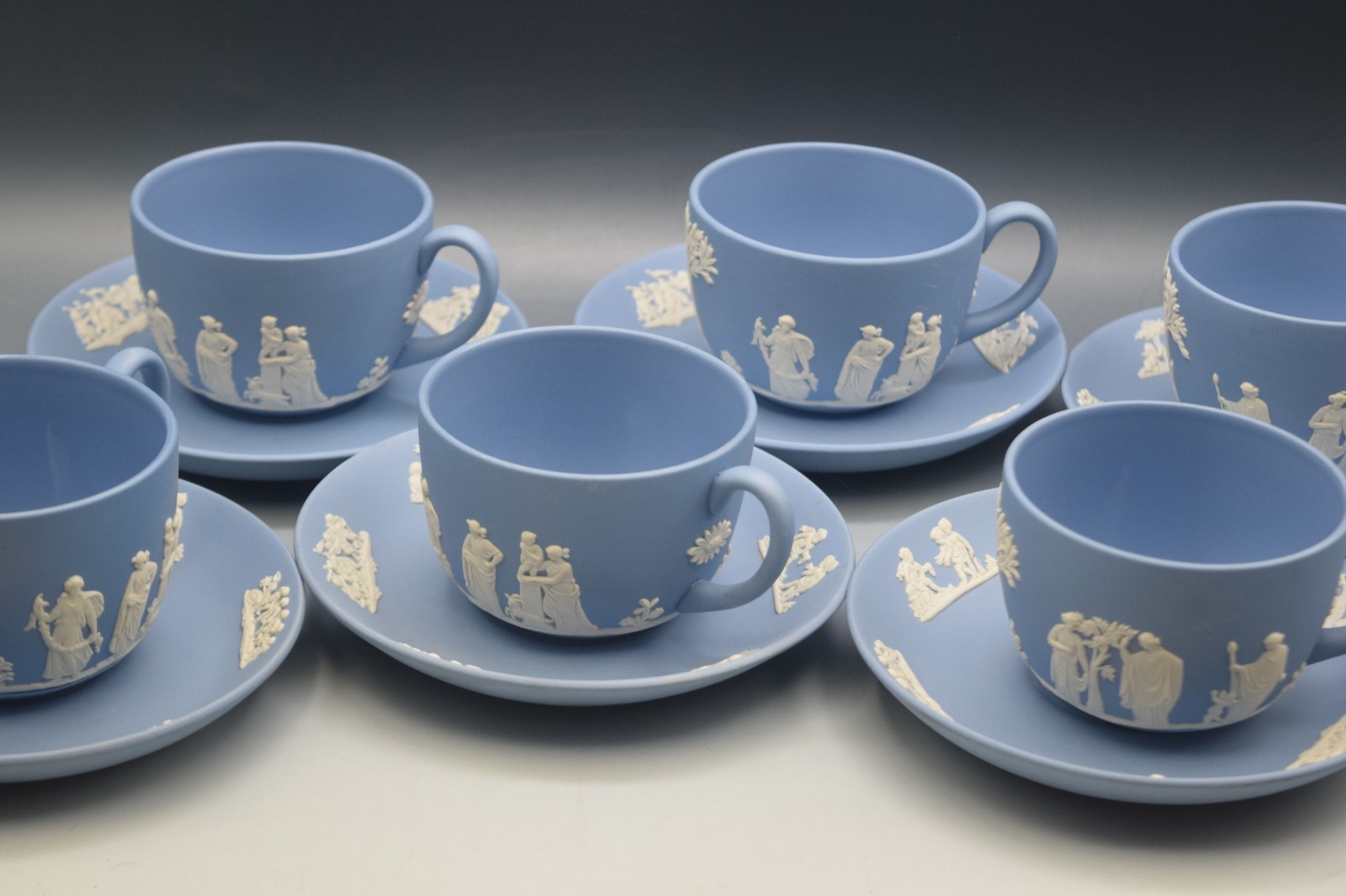 6 SETS WEDGWOOD BLUE JASPERWARE CUPS AND SAUCERS NEOCLASSICAL MYTHOLOGY