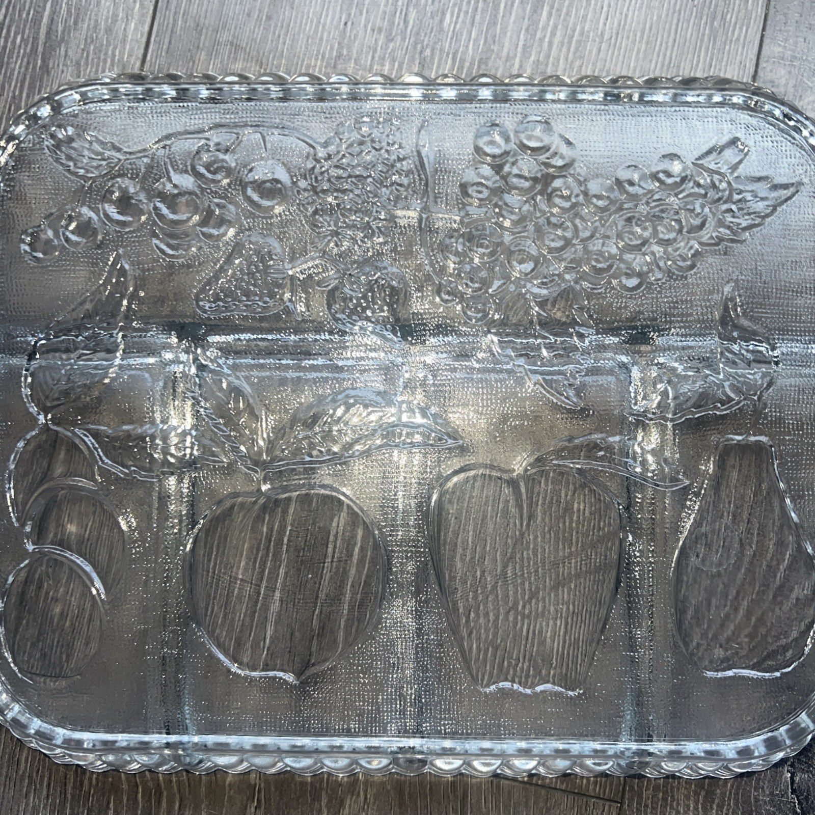 ndiana Glass Clear Crystal Rectangular Divided Relish Platter w/ Fruit Pattern