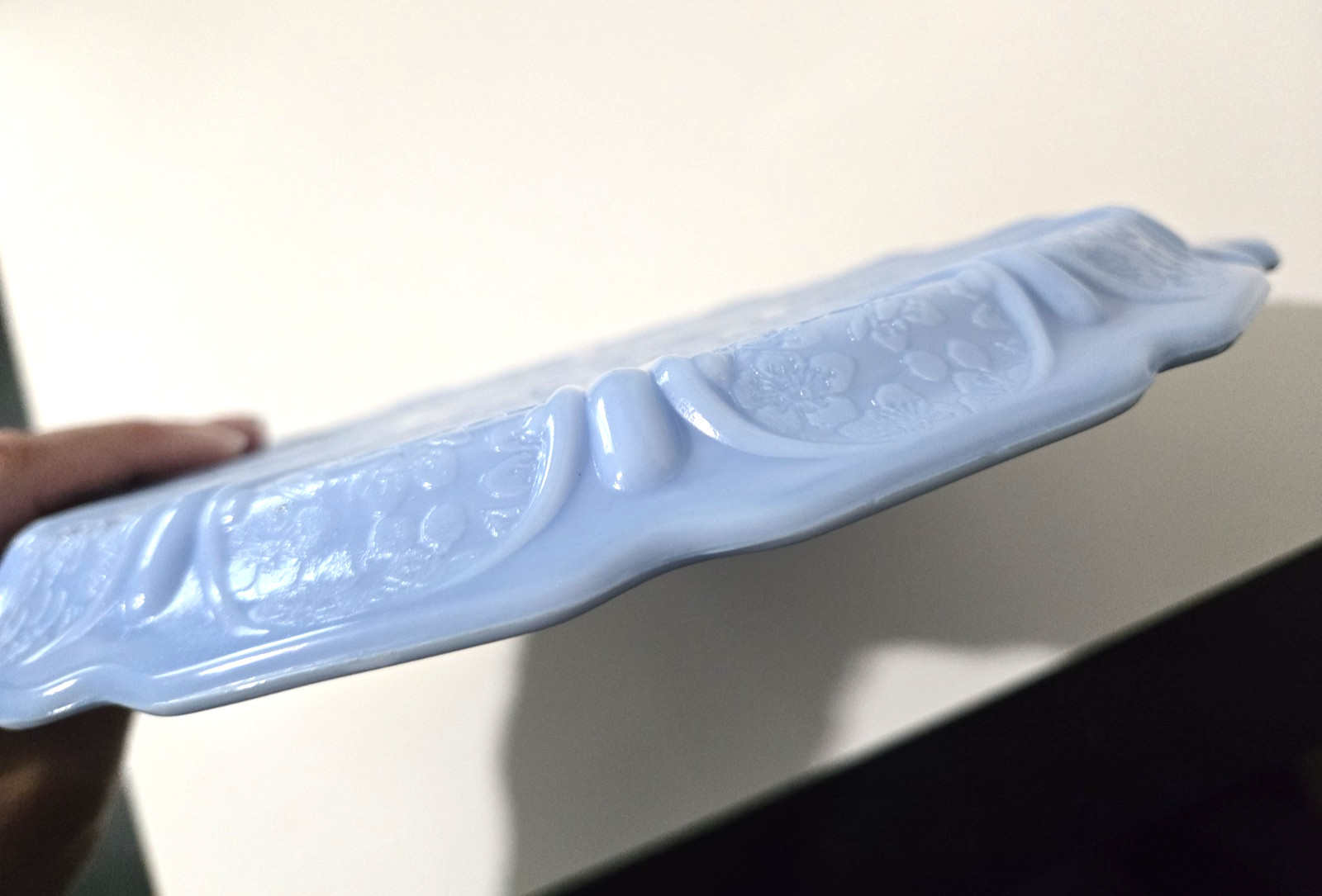 Vintage 1930s Jeannette Delphite Blue Glass Cherry Blossom Handled Tray Platter
