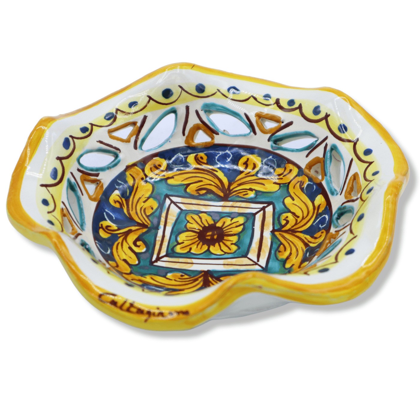 Bowl Scalloped And Perforated IN Ceramic of Caltagirone – L 5 7/8in X H 2in W