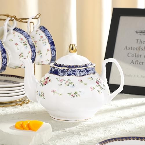 Bone China Tea Sets for Adults, 21-Piece Blue Lace and Roses Blue and Roses
