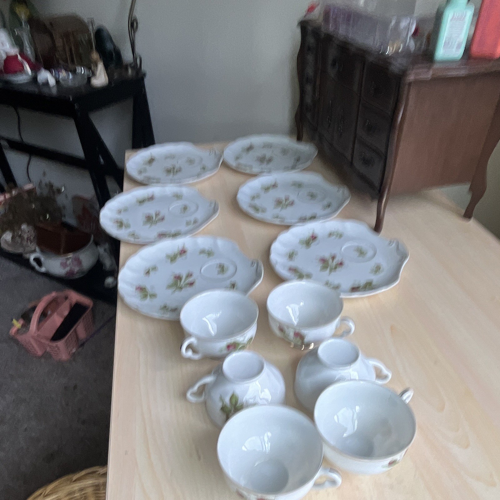 Porcelain Floral Dinner Set White Pink Green Cups Saucers Bowls Plates